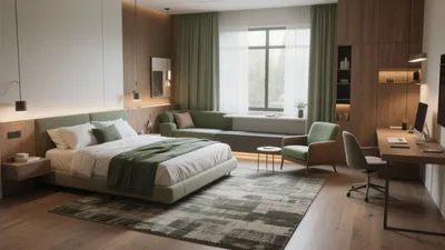Modern Bedroom with Green Accent & Wood Paneling
