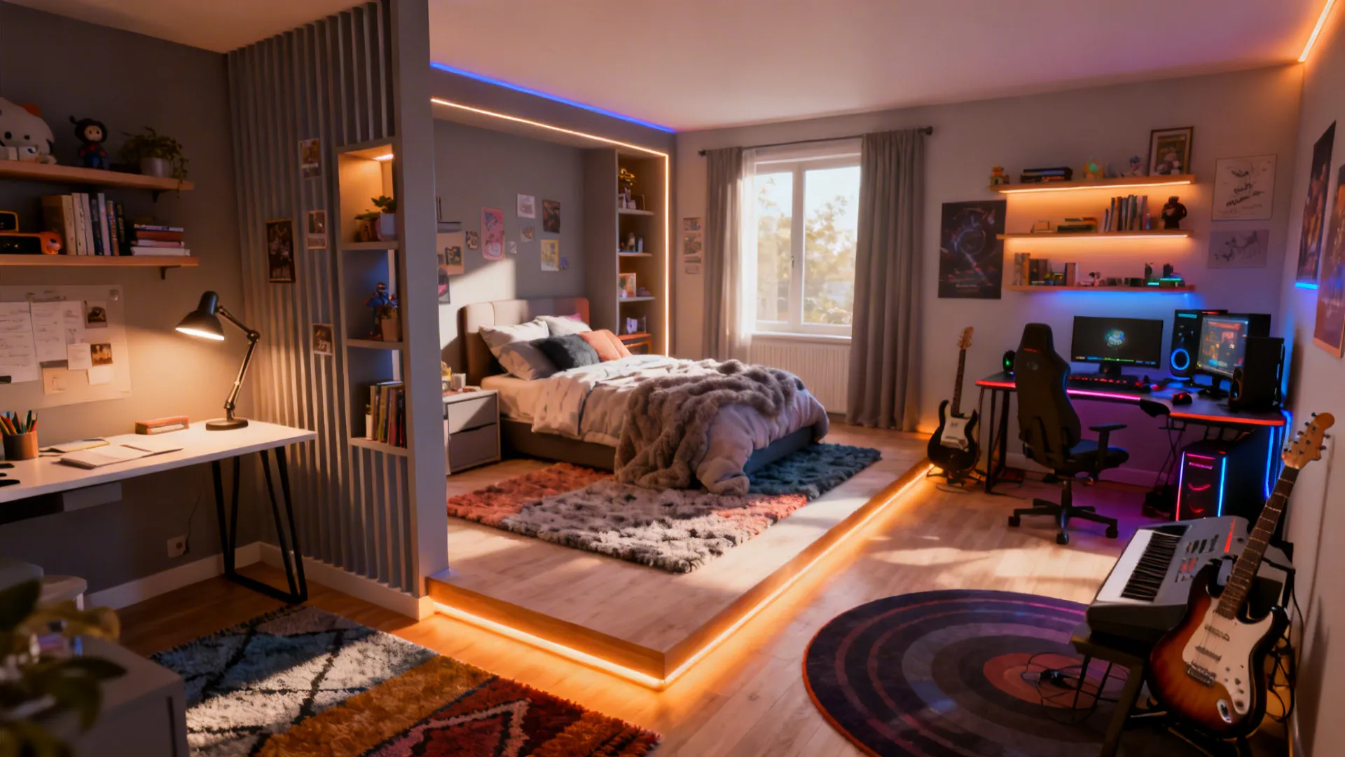 Modern teen bedroom with raised bed platform neon lighting gaming computer desk keyboard and guitar