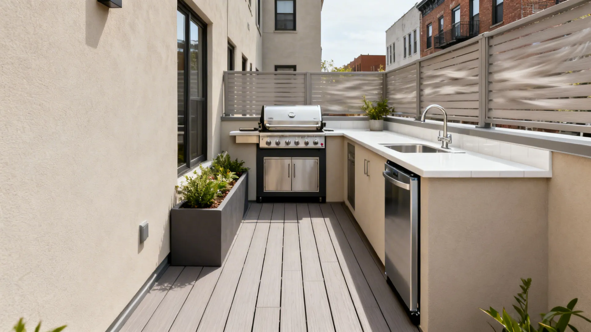 Townhouse terrace with grill, sink, and fridge arranged for safe, efficient circulation.