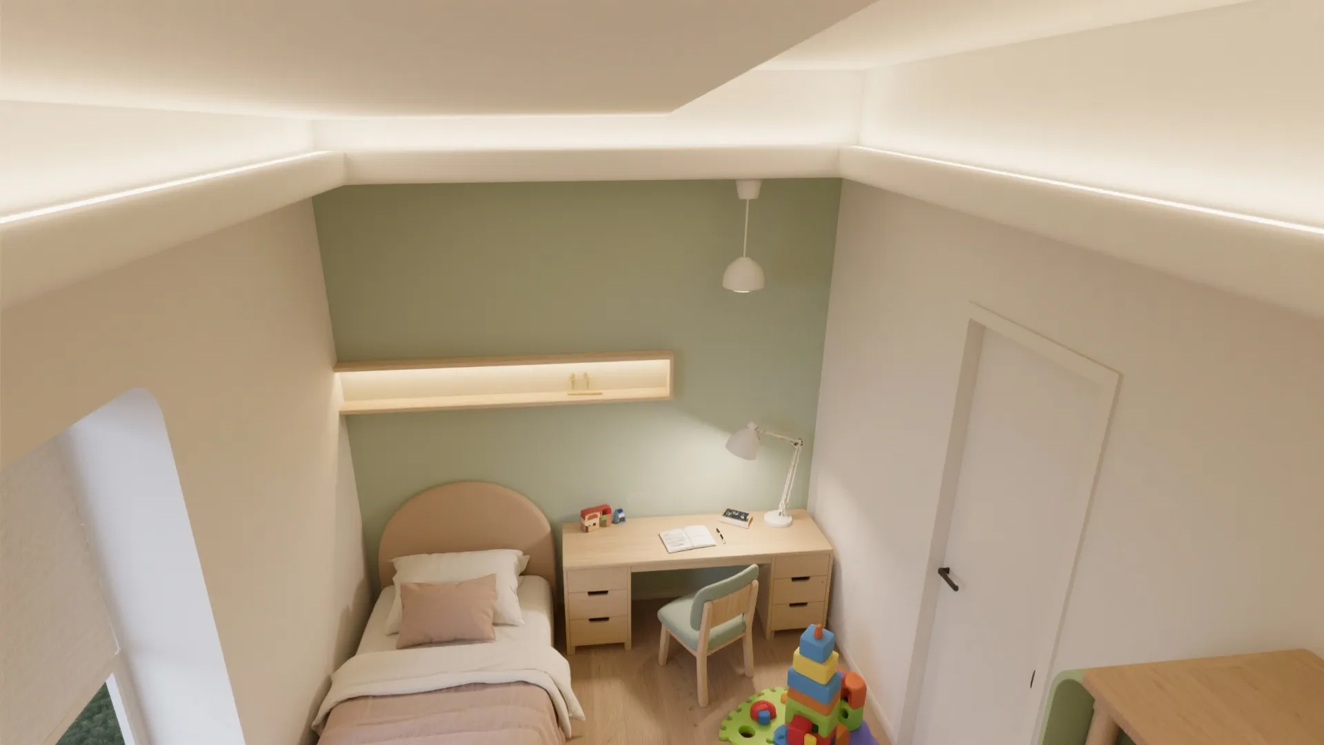 Top down interior design drawing of a small bedroom with desk bed and green wall