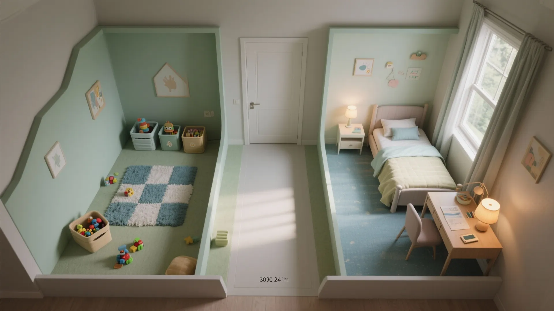 Top-down view of a small kids' room divided into play, sleep, and study zones with a clear walkway.