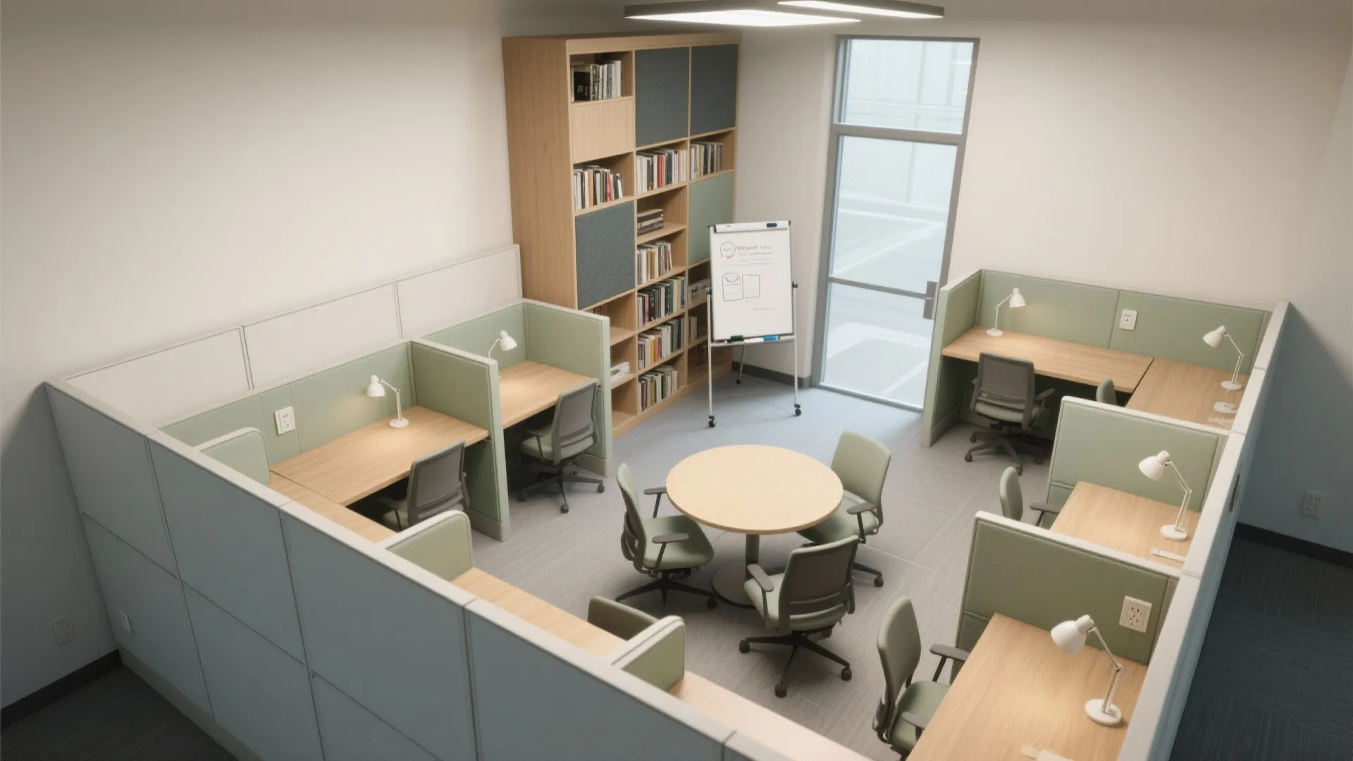 Modern open office space with individual work desks green wall panels and a round meeting table