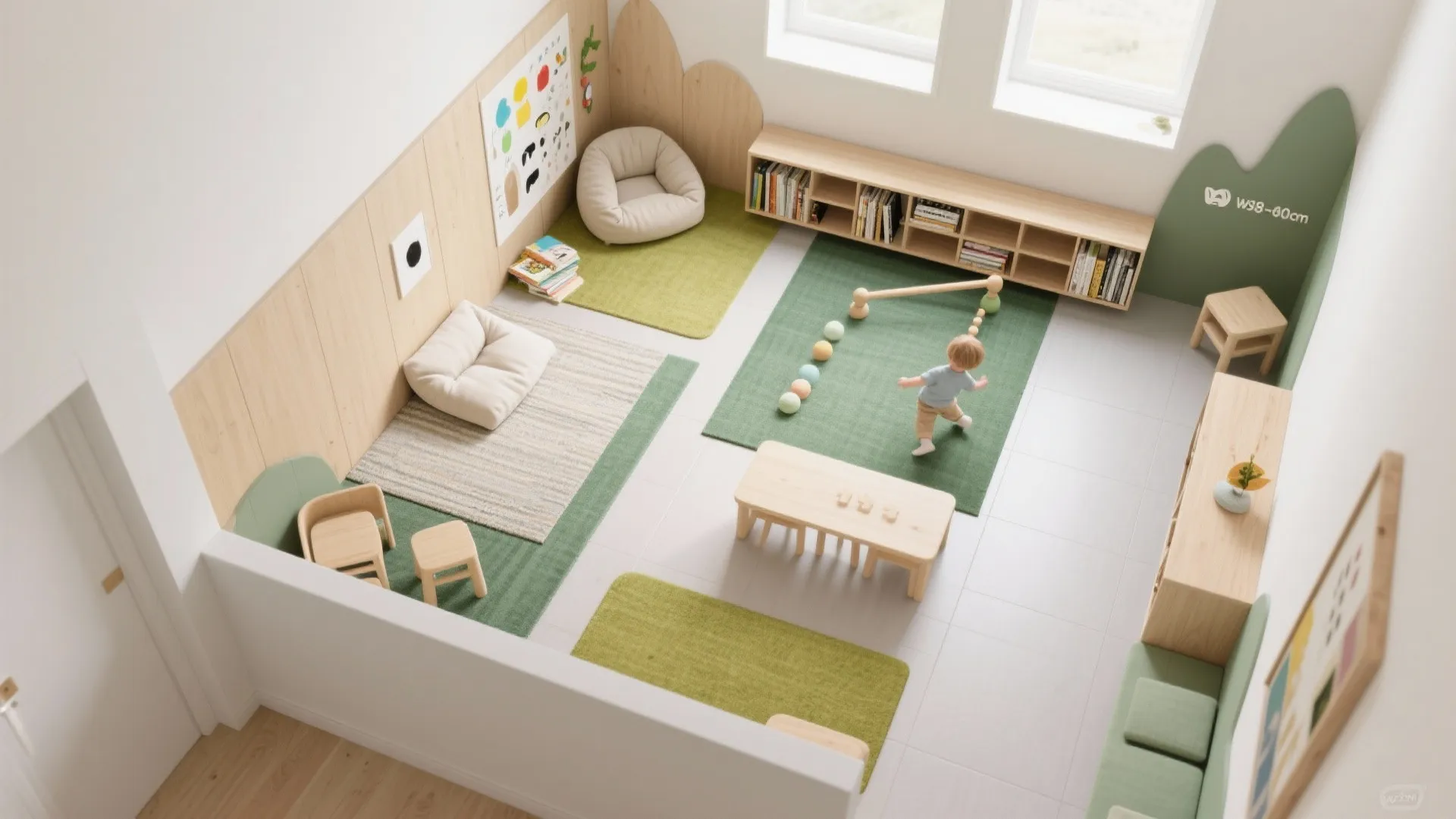 Top view of a child playroom layout with wooden cabinets and green rugs on grey floor
