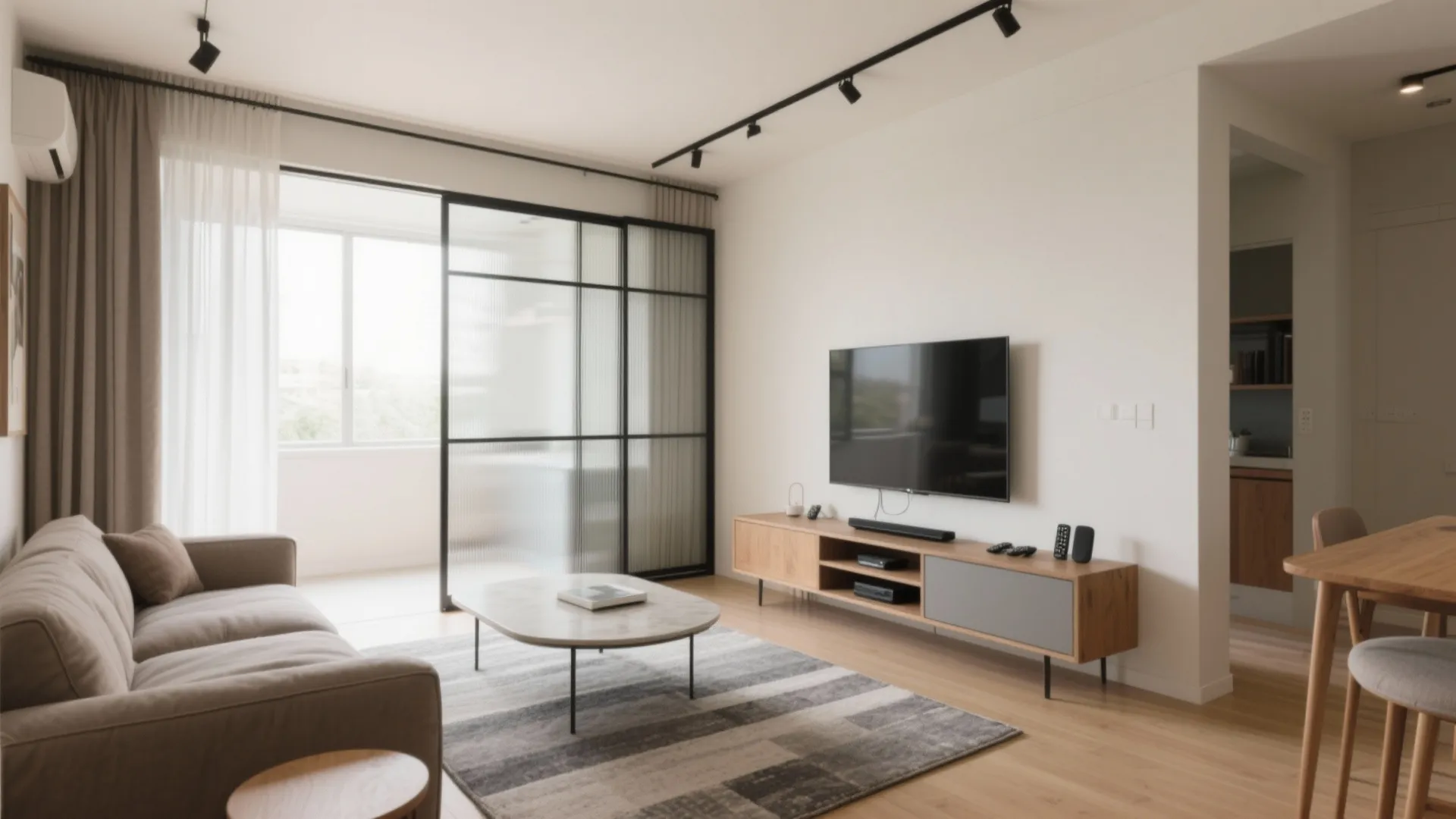 Zoning a Small TV Room: Rugs, Glass, and Sliding Panels