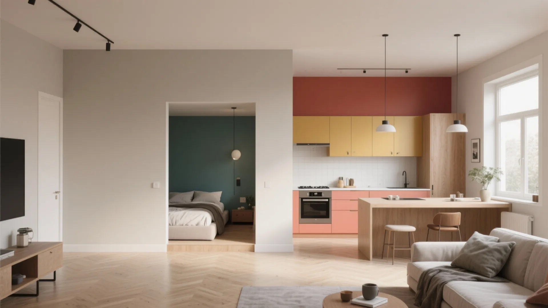 Open plan apartment layout showing a colorful kitchen next to a bedroom and living area