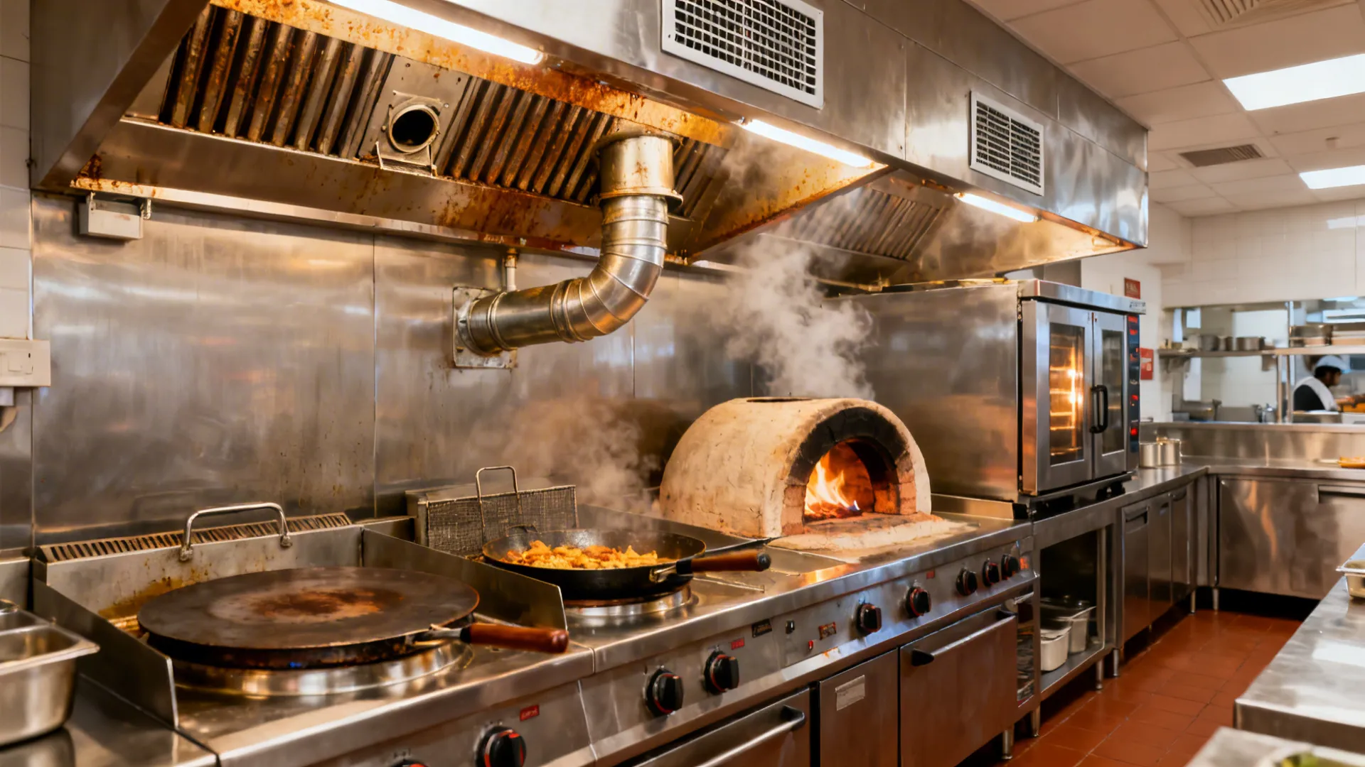 Cook line with grease-rated hood, baffle filters, and make-up air over fryers for heat and grease control.