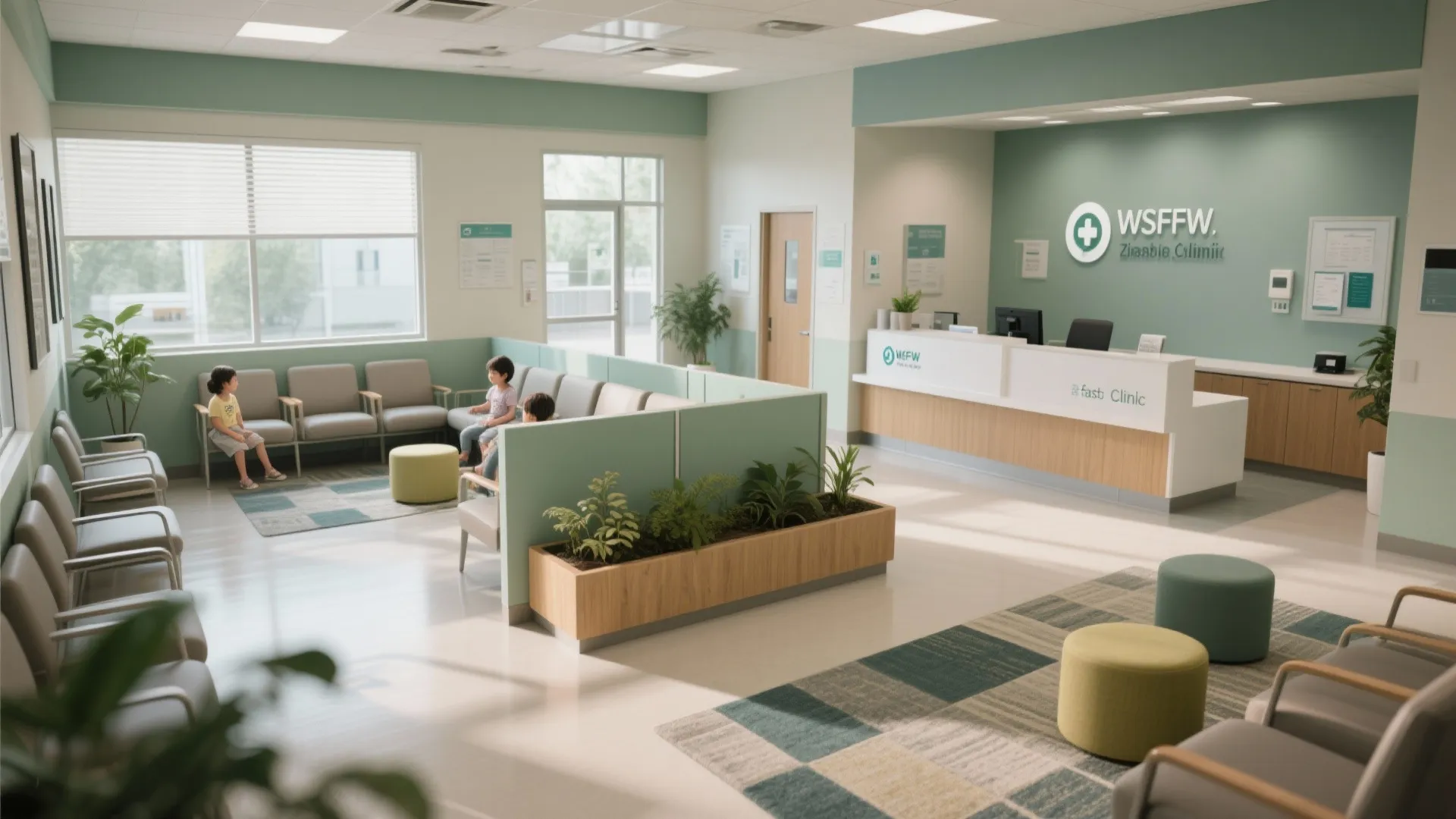 Medical waiting room with green walls, wooden planter, comfortable chairs, colorful footrests, and patterned rugs