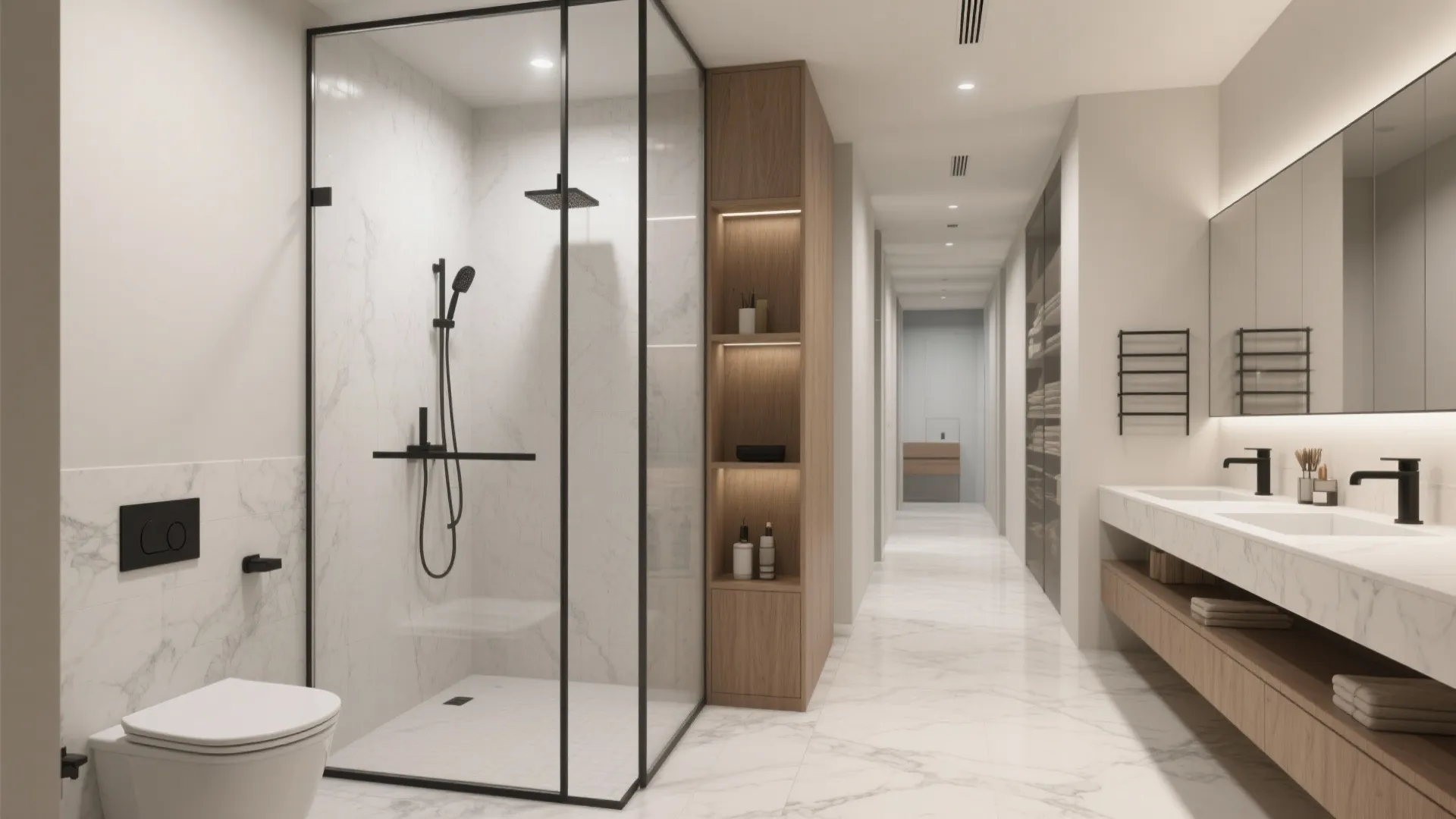 Zoned layout showing wet areas on one wall and a slim corridor to a dry vanity zone in a compact master bath