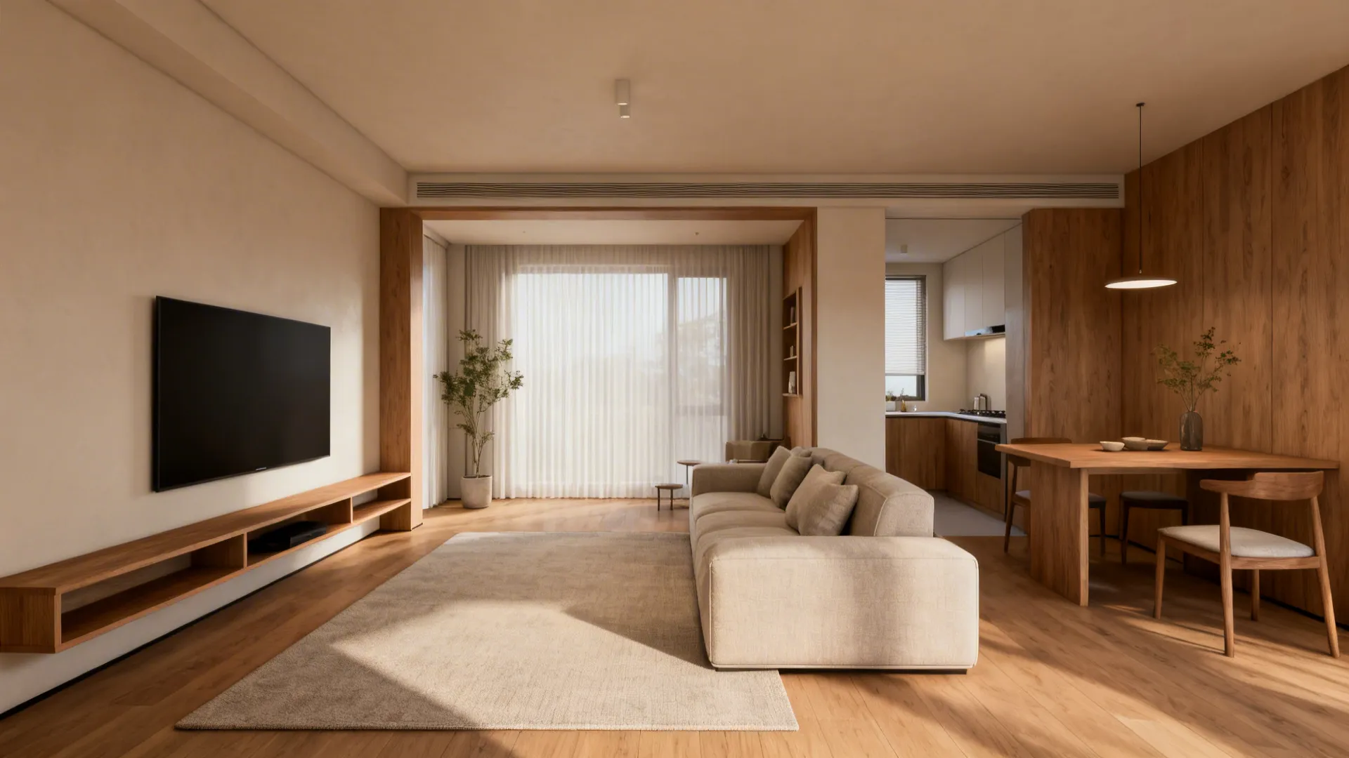 Open-plan small living area with rug defining seating and low shelving preserving sight lines