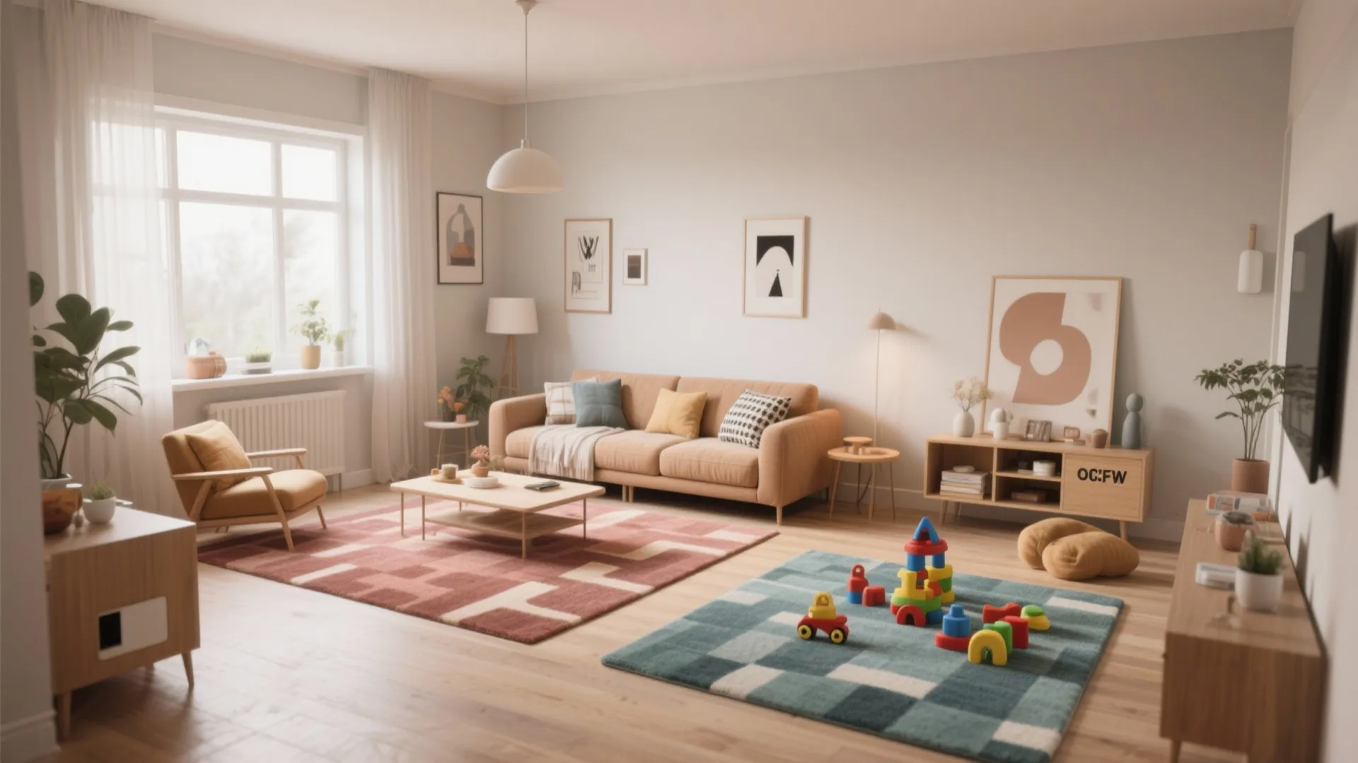 Cozy living room with two area rugs wooden furniture colorful toys sofa and wall art