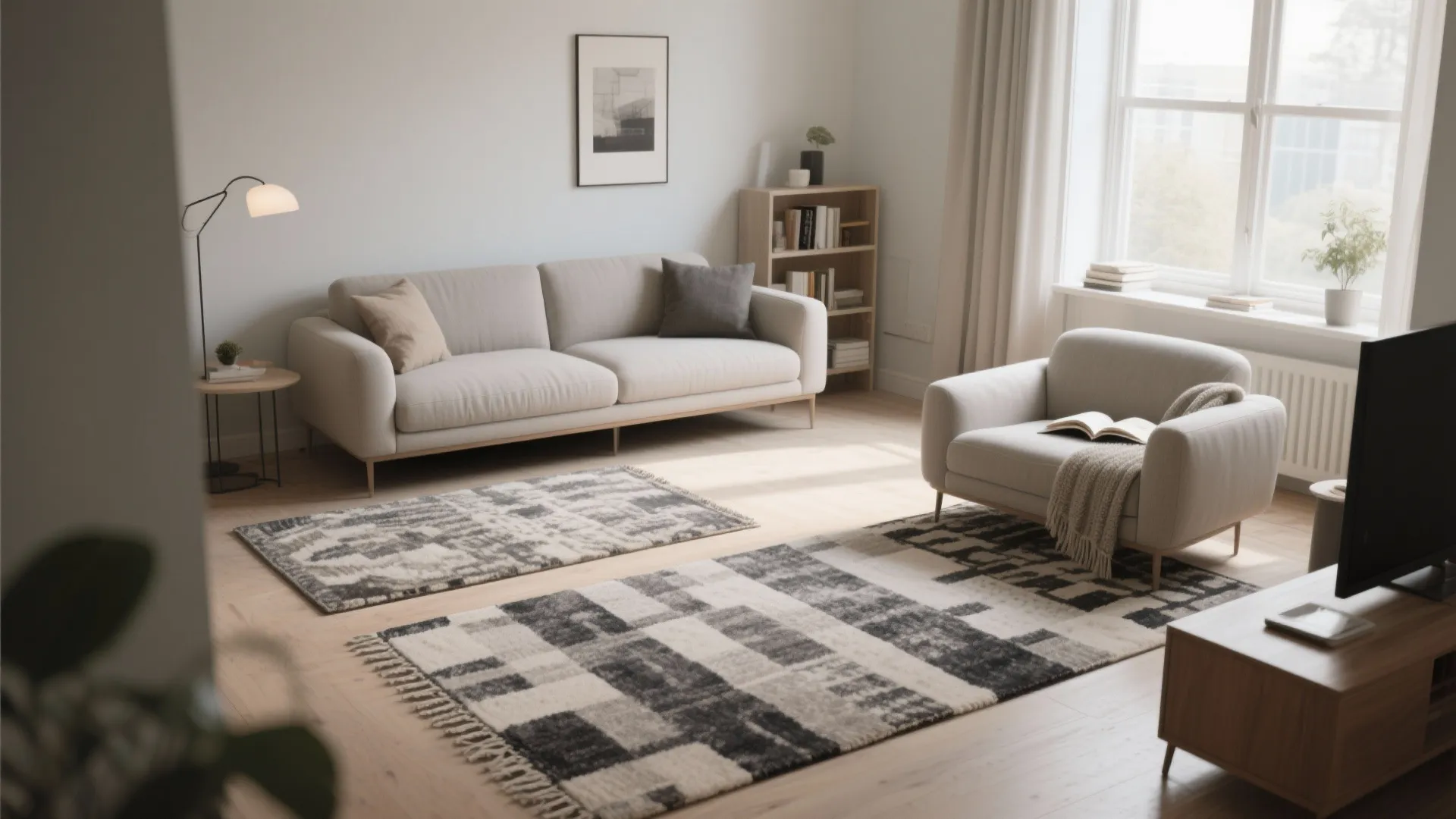 Bright living room with two patterned area rugs beige sofa armchair bookshelf and large window