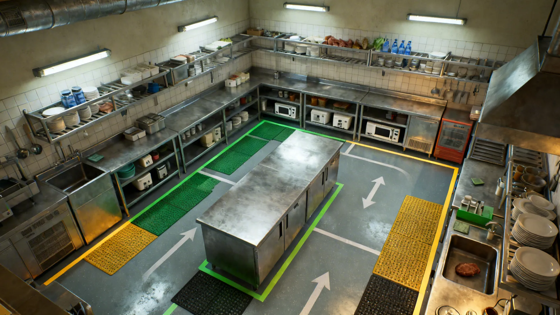 Top-down view of a zoned small commercial kitchen with hot, cold, prep, dish, and storage areas.