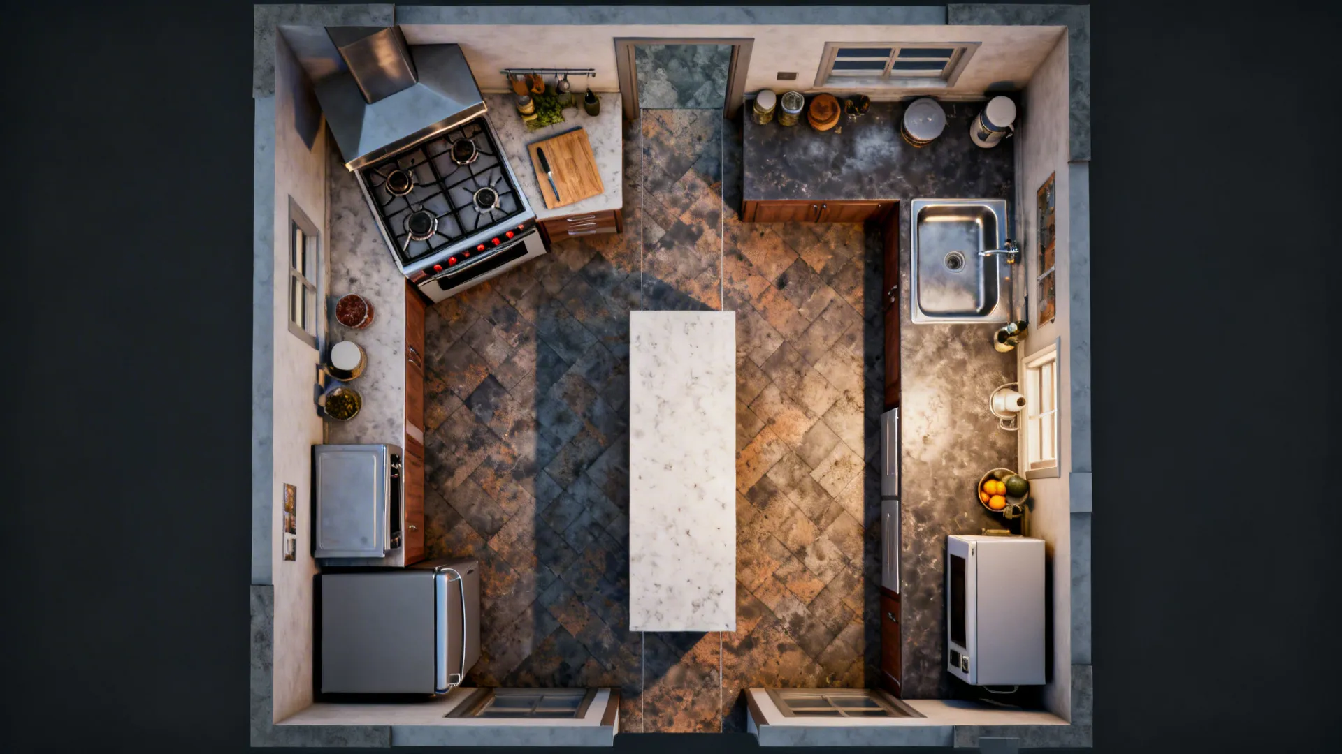 Top-down view of a small kitchen showing zoned cook, prep, and cleanup areas to improve workflow.