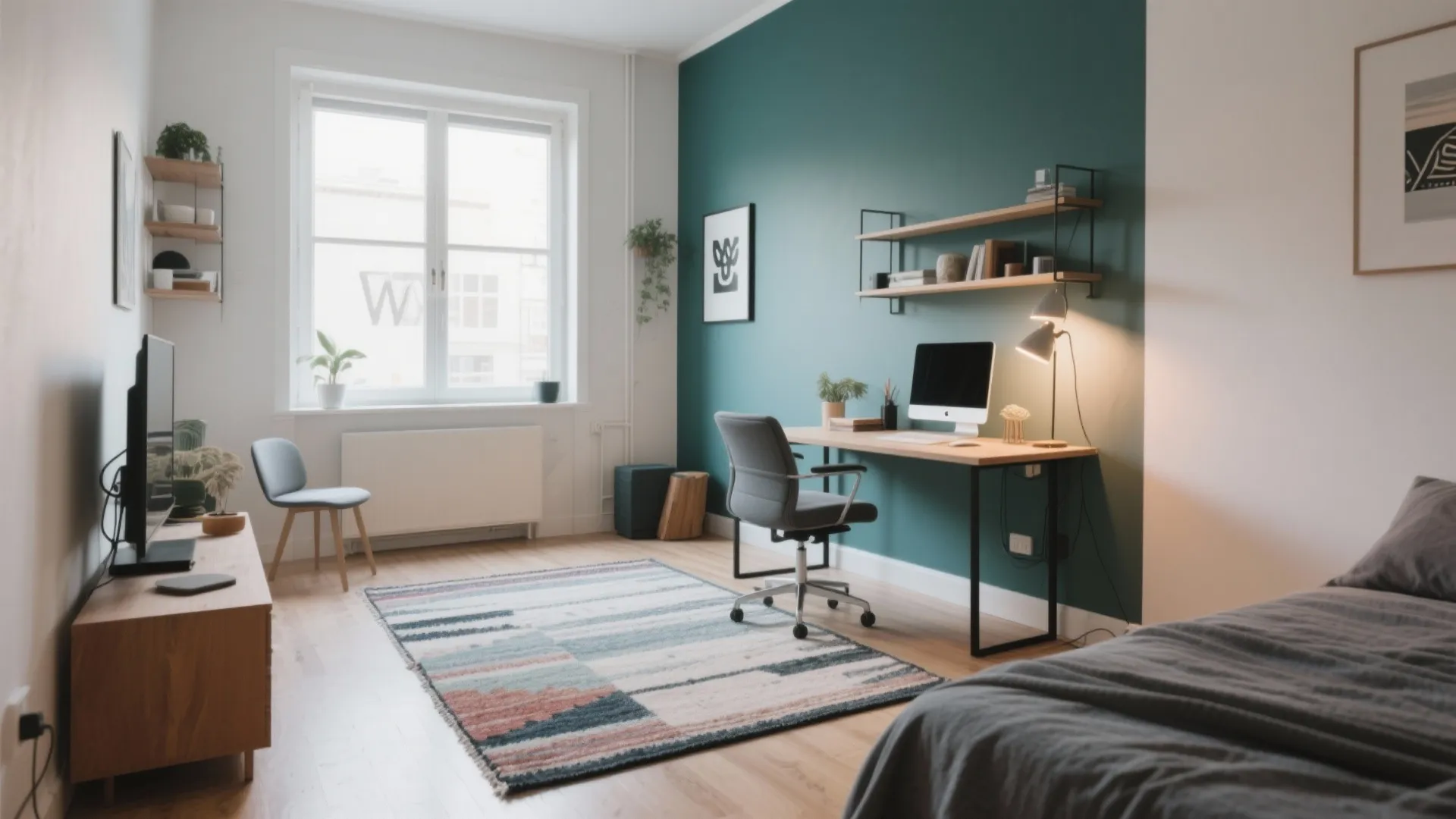 Small apartment with work zone separated by rug and lighting
