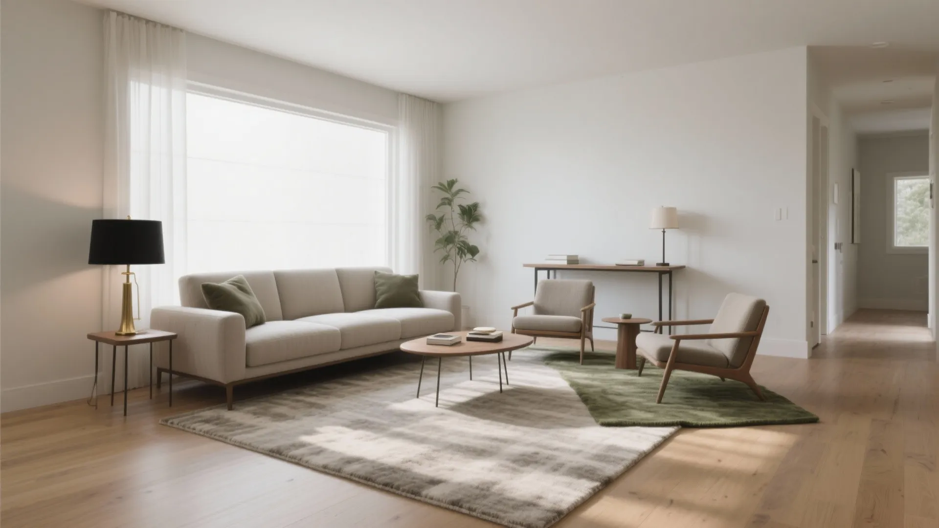 Modern living room layout with cream sofa wood coffee table green rug and floor lamp