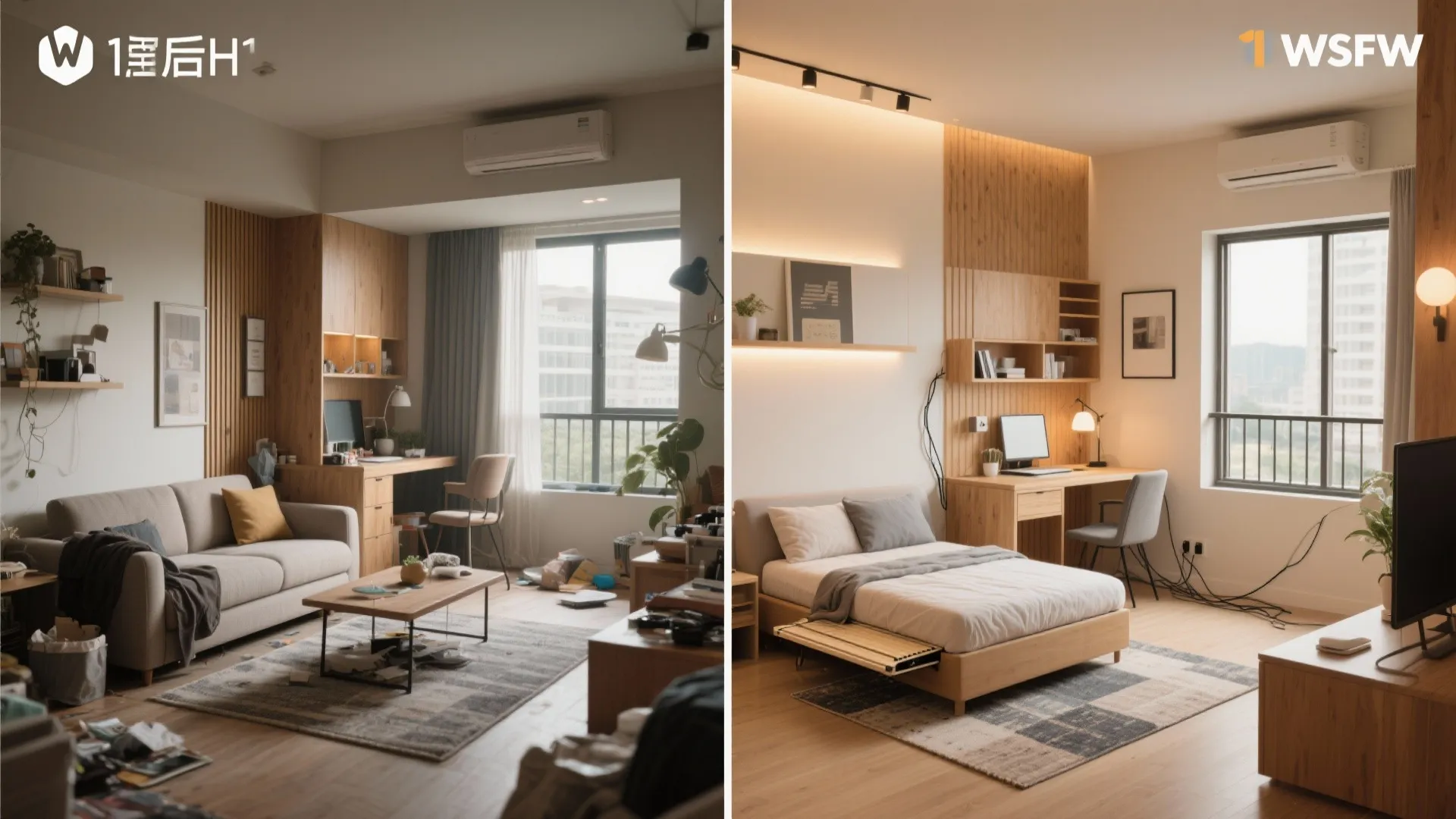 Flexible Zones: Sofa-Bed + Balcony Workspace