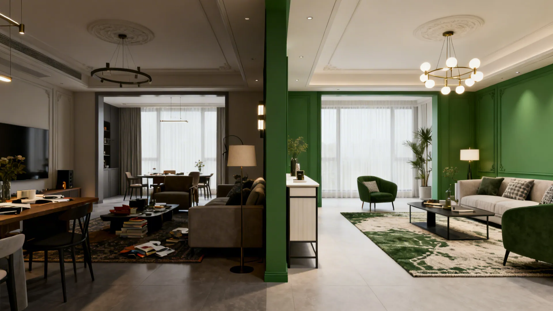 Before-and-after of an open-plan room showing undifferentiated layout transformed into distinct living and family zones using rugs and lighting.