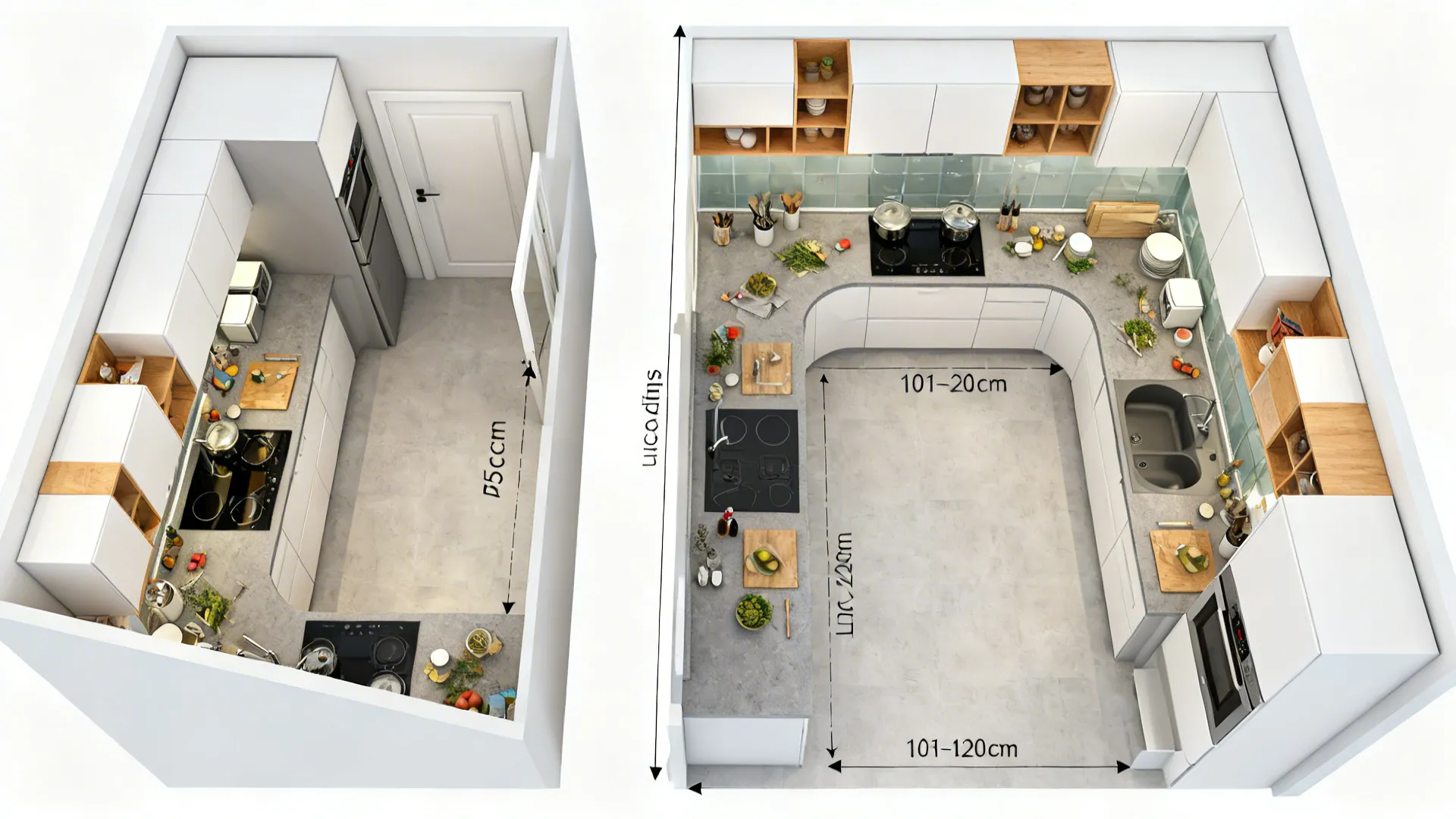 Before-and-after top views comparing a cramped triangle to a spacious zone-based plan.