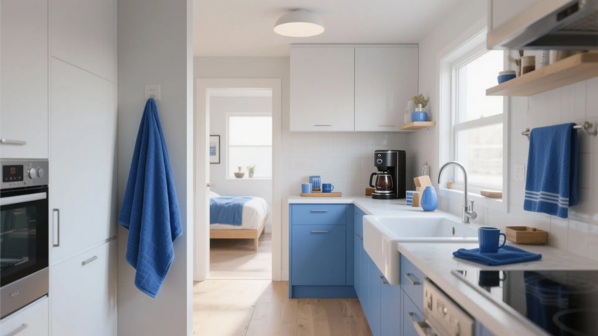 2. Use blue towels to define zones in an open plan