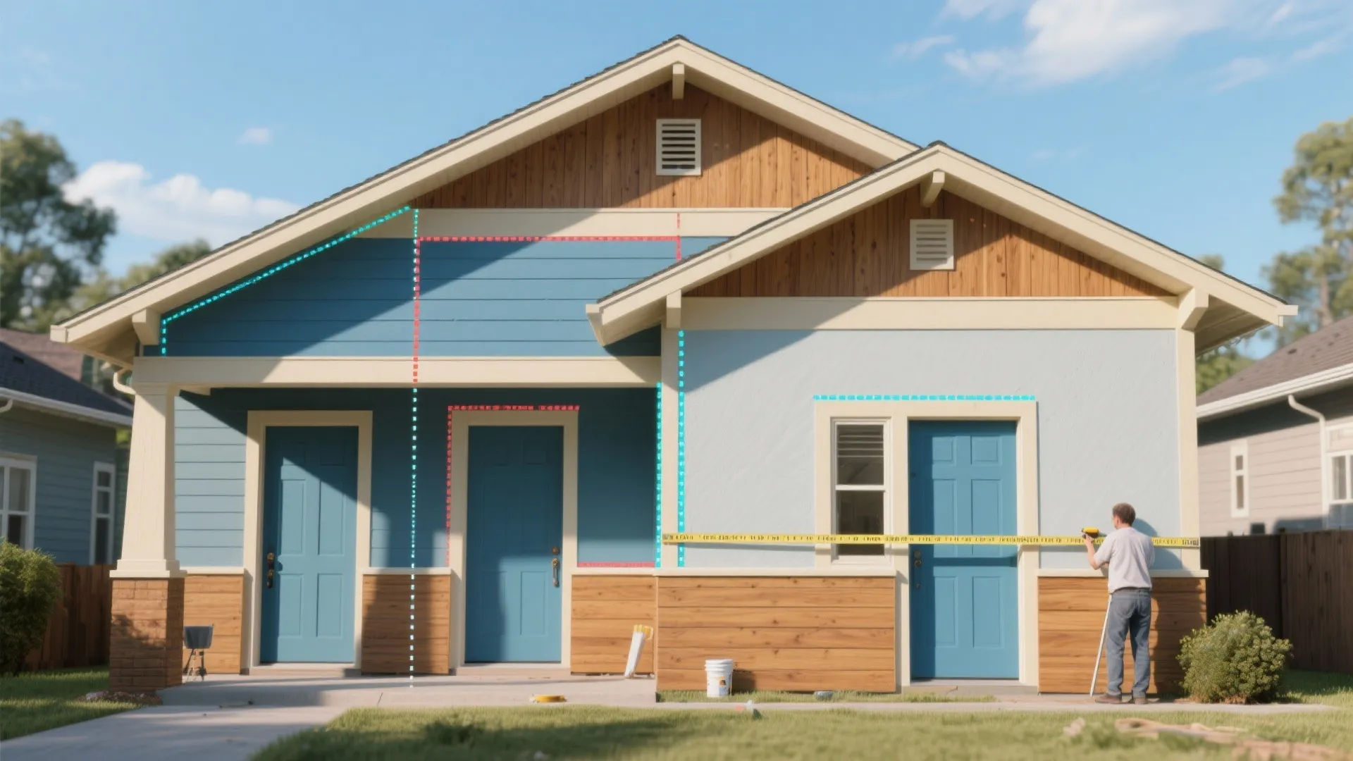 House exterior with visual overlays showing separate pricing zones for trim, siding, fascia and doors.