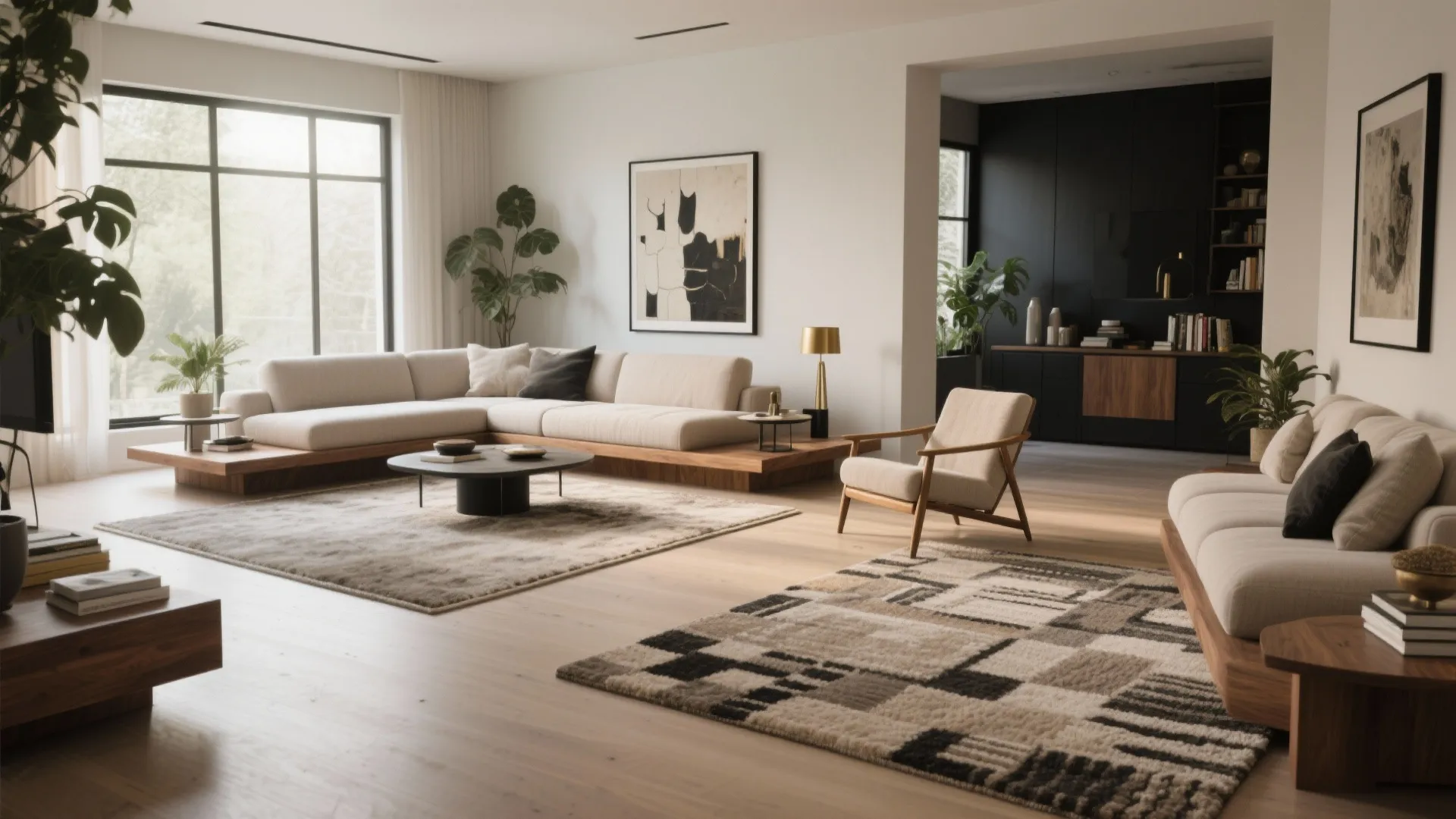 L-shaped seating that defines two zones