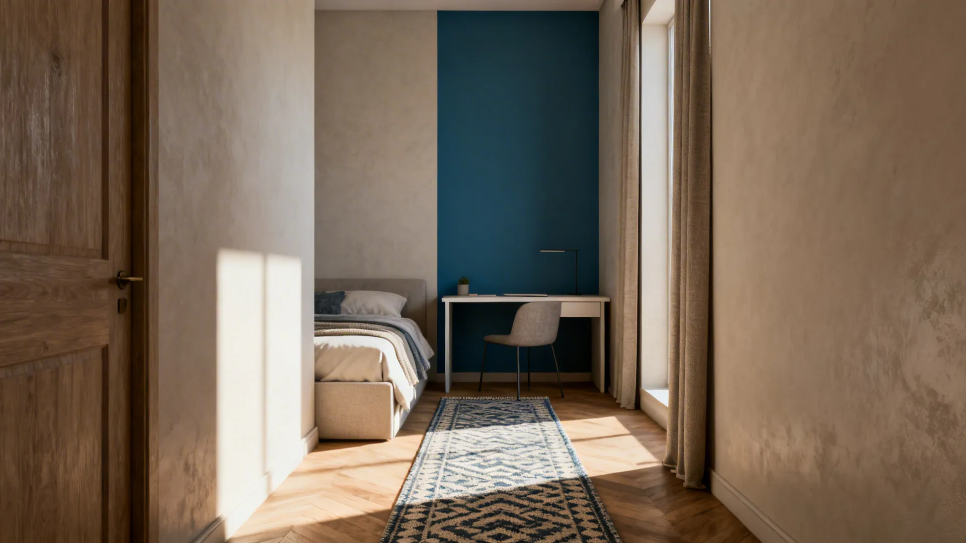 Small room with zones defined by a runner rug and accent wall, keeping openness and airflow.
