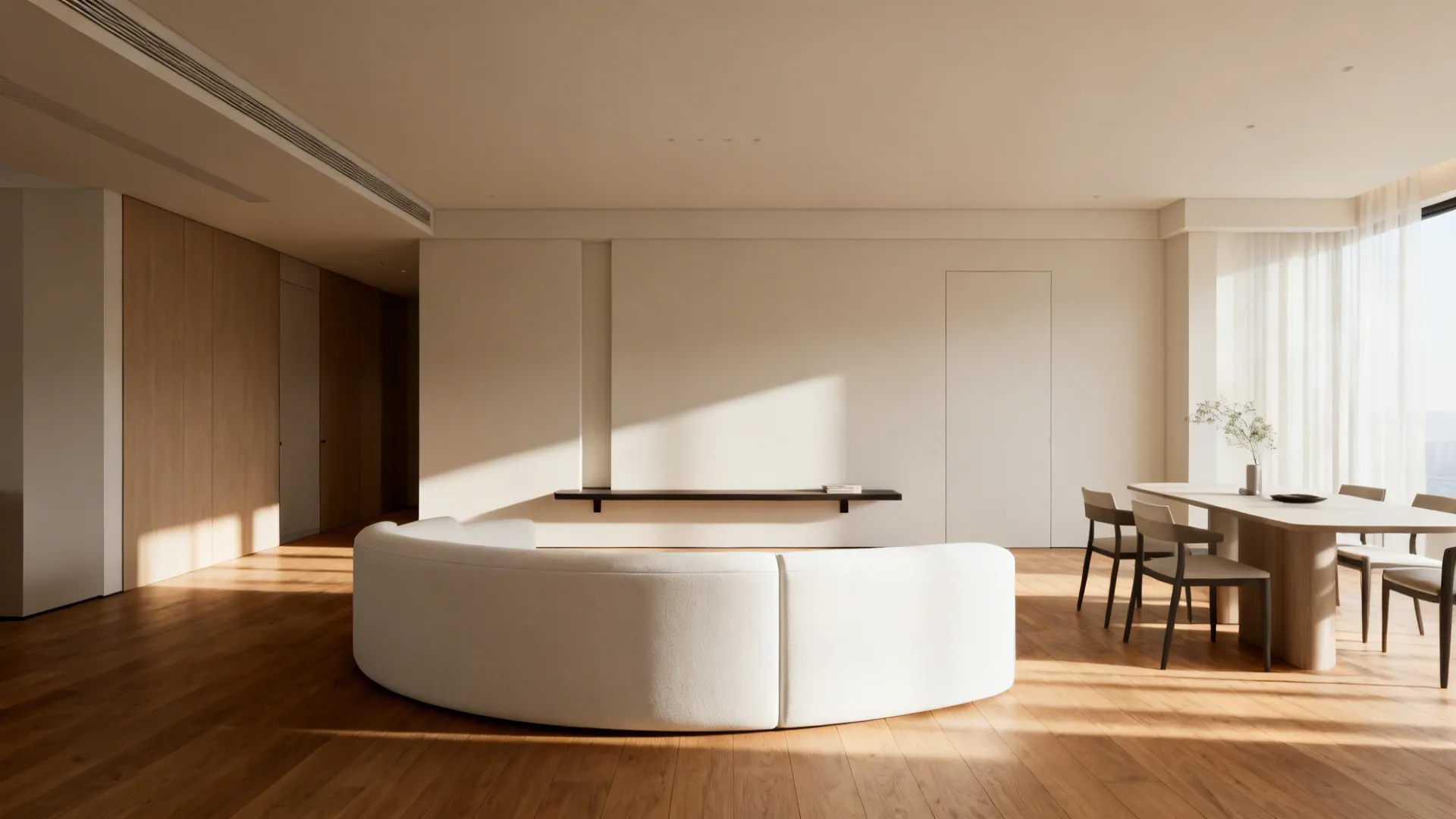 Open-plan apartment with a white curved sofa defining the living area and a slim console behind it