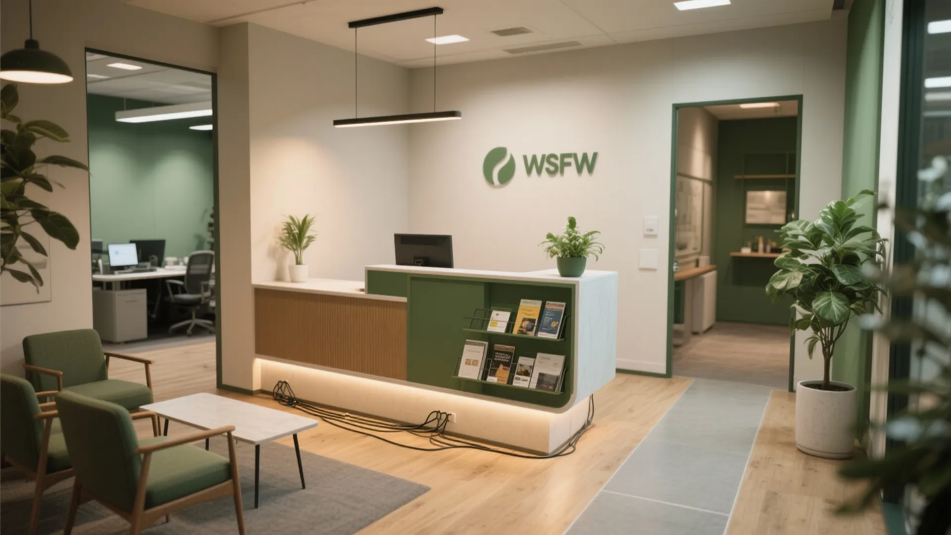 Modern office reception area with green desk wood panels white walls plants and ceiling light