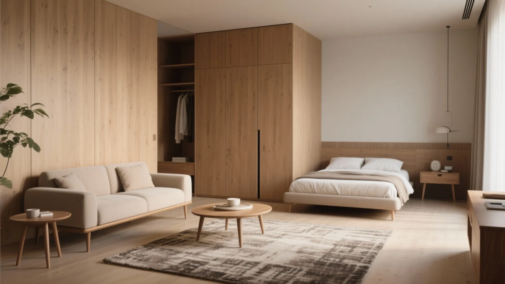 Open studio apartment layout featuring a wood cabinet divider between the sofa and the bedroom area