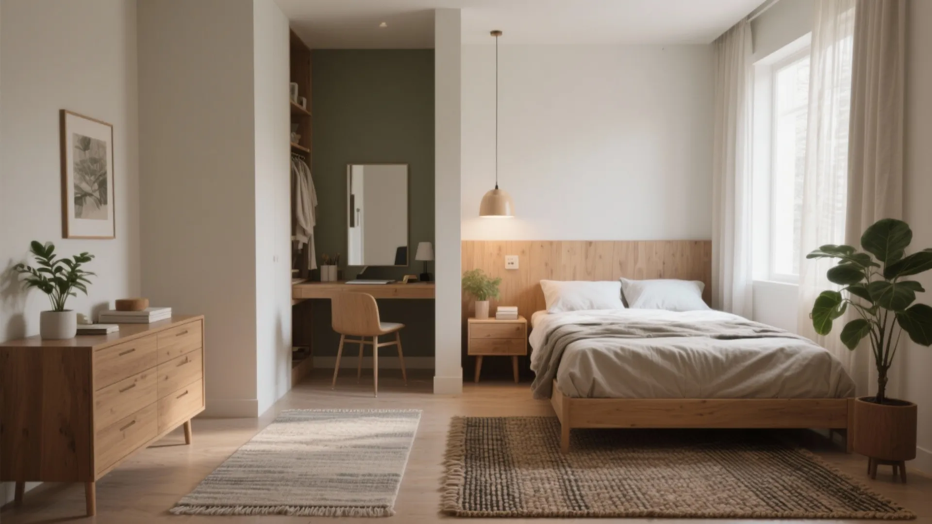 Modern bedroom with wooden bed frame plus small desk area and green wall with ceiling light