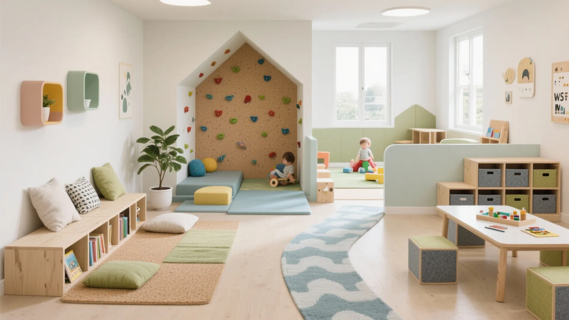 Spacious playroom design with climbing wall wooden furniture colorful mats soft pillows and bright natural light