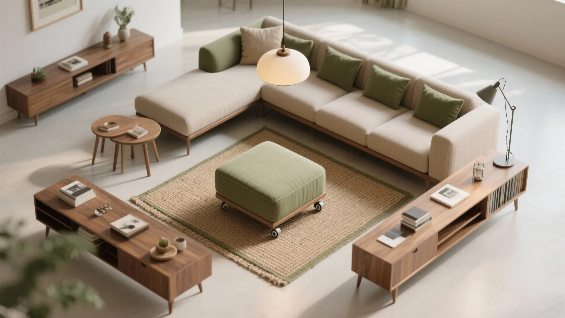 Modern room layout with large beige sofa green cushions wooden cabinets and a matching footrest