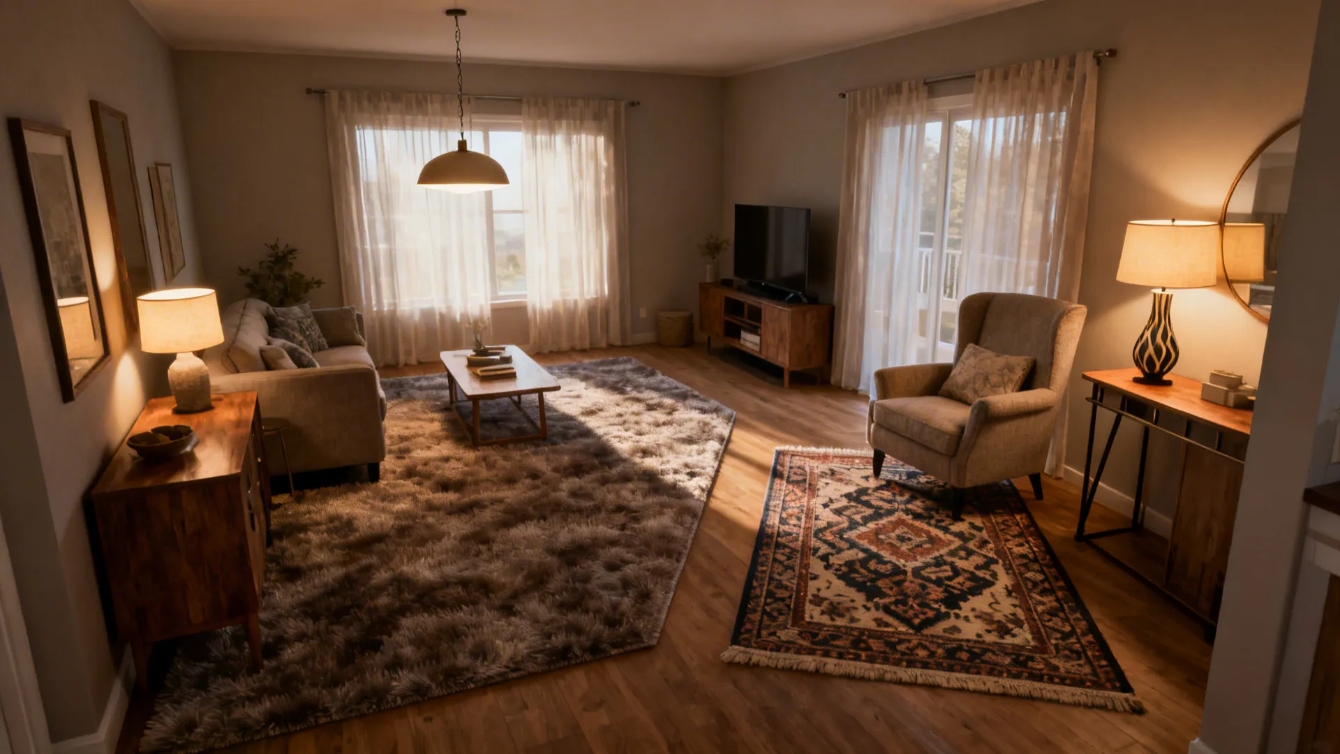 Open-plan living area using two rugs and layered lighting to define conversation and media zones.