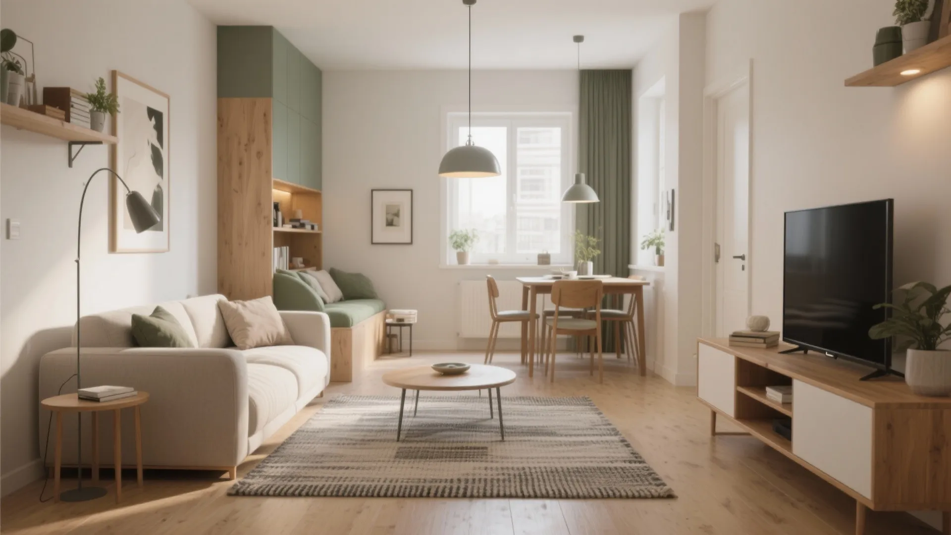 Modern open living room with cream sofa wooden table green cabinets and bright natural light window
