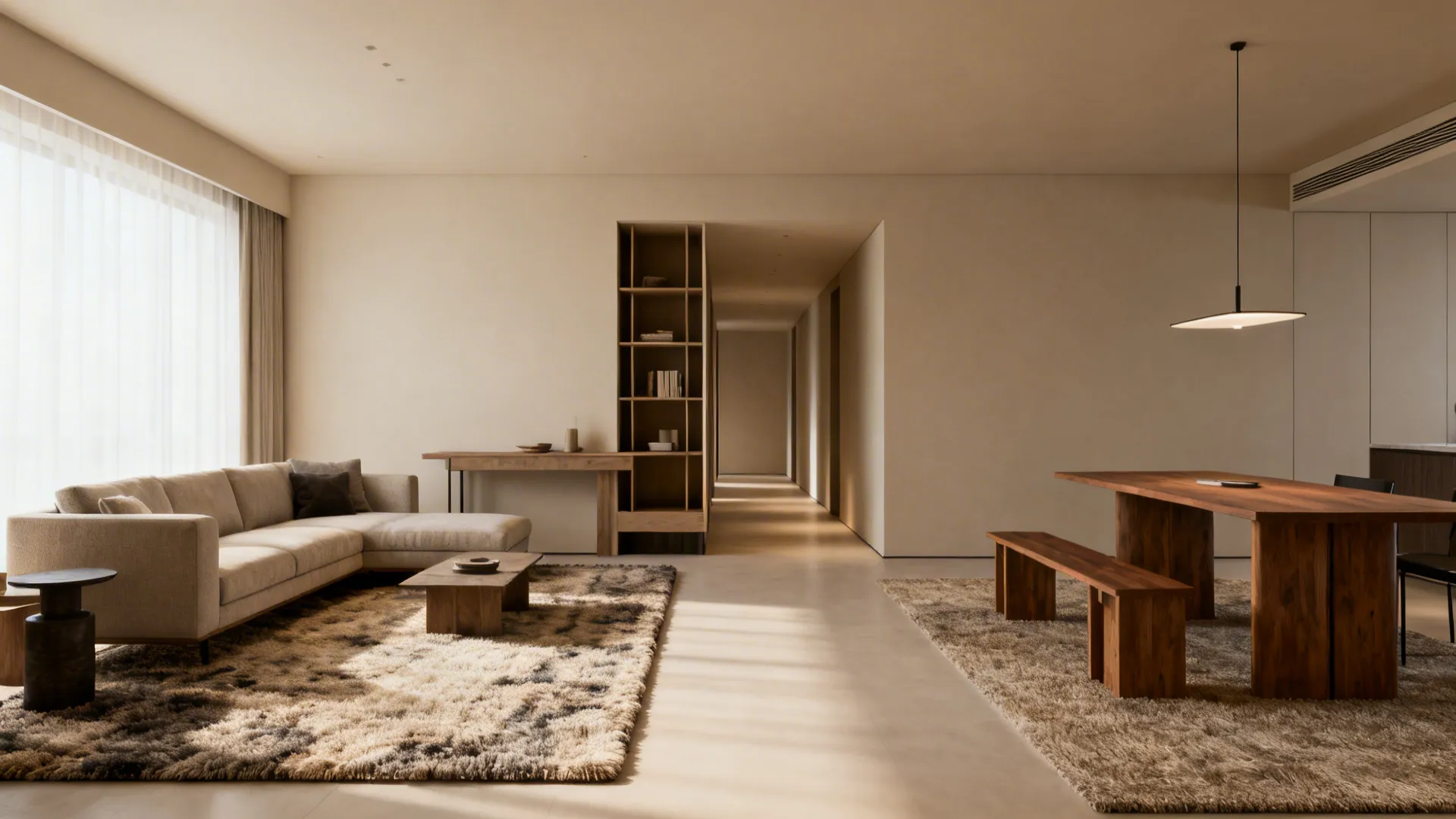 Panoramic view of a long living room showing distinct seating, dining, and transition zones with clear circulation.