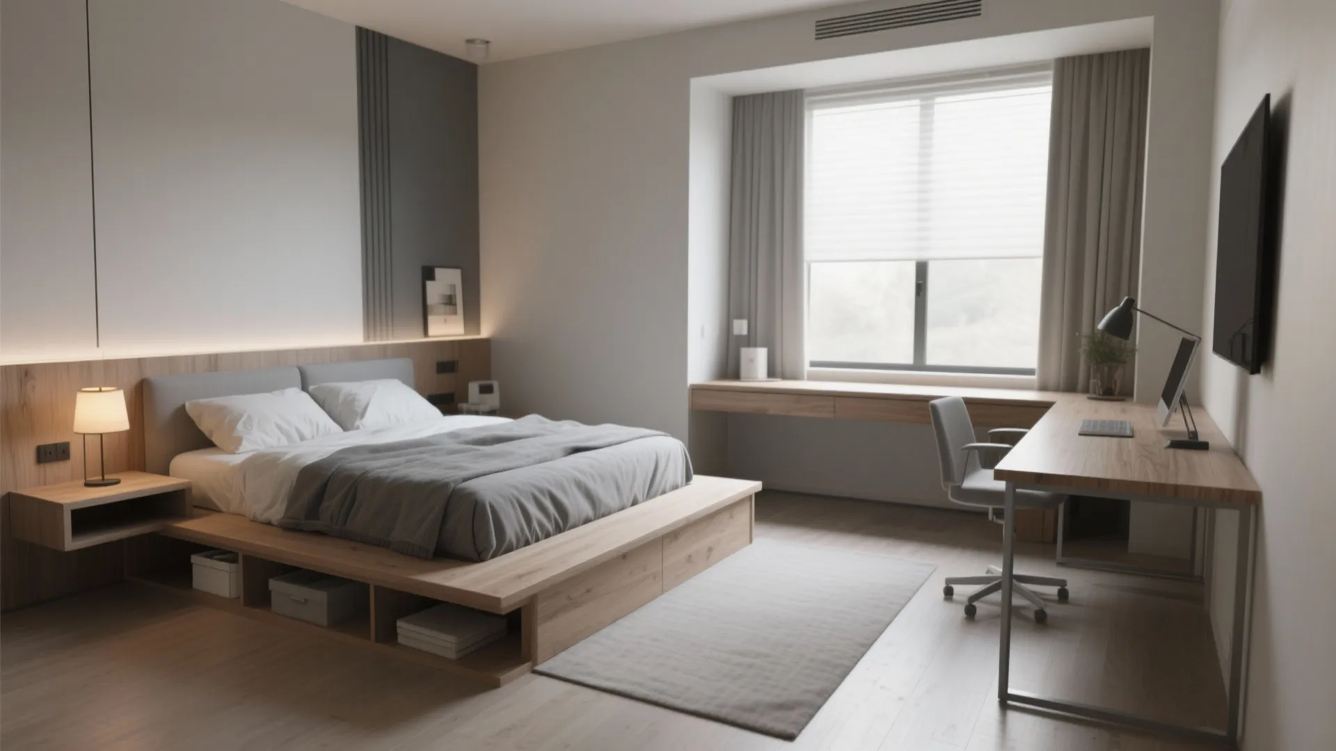 Minimalist bedroom with wooden platform bed gray bedding large window and long wooden work desk