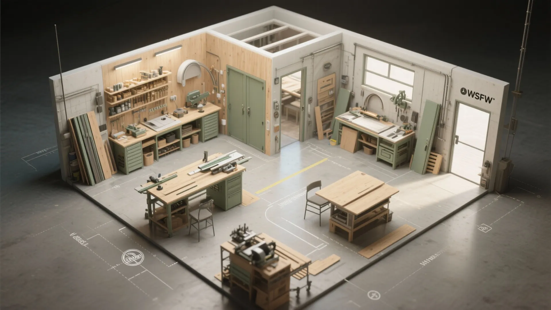 Interior design drawing of a wood workshop with workbenches tools cabinets and green storage doors