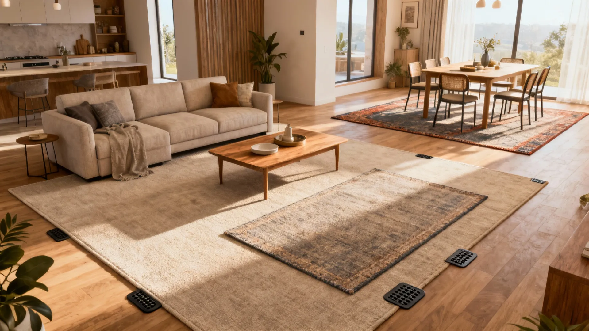 Open-plan living and dining area with layered rugs defining seating and dining zones.