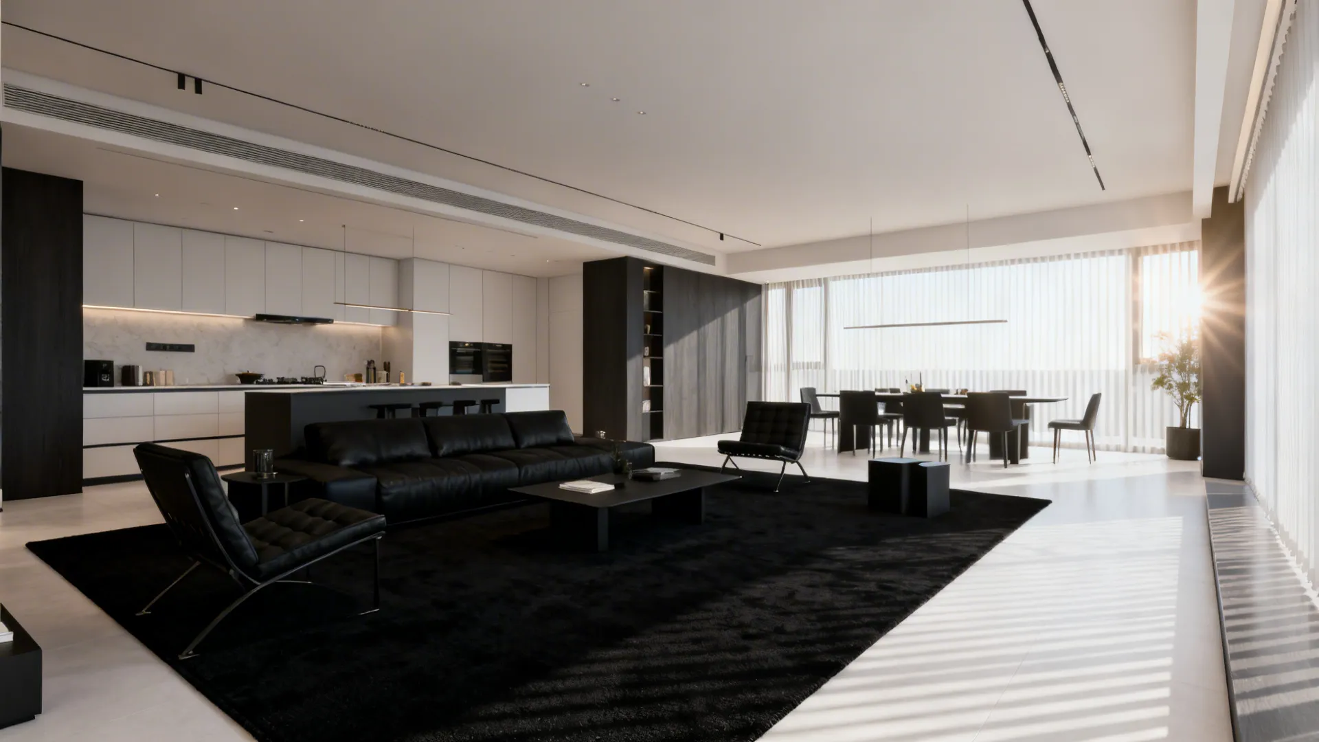 Open-plan kitchen-lounge with a large black rug marking the living area and creating intentional zones.
