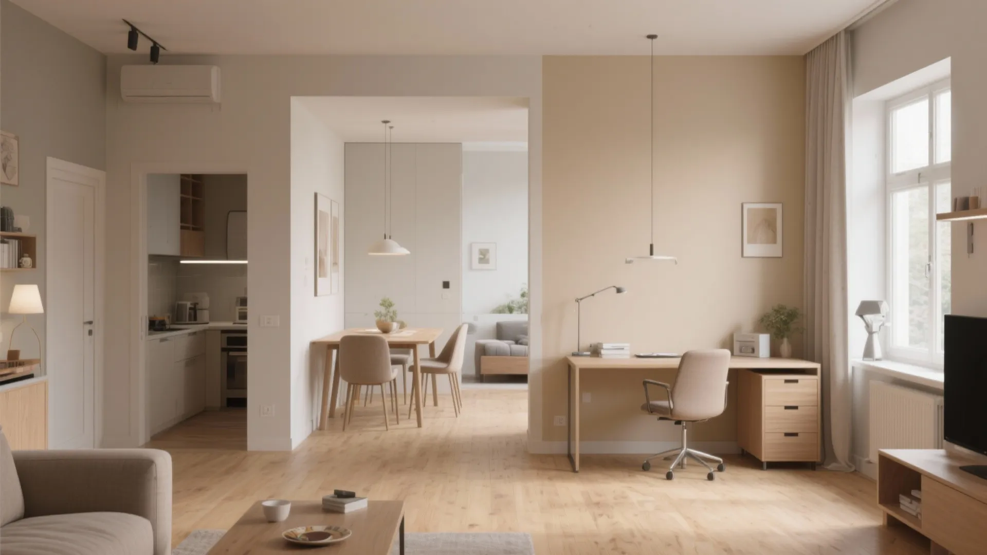 Modern open plan home interior with a workspace desk dining area and kitchen in background