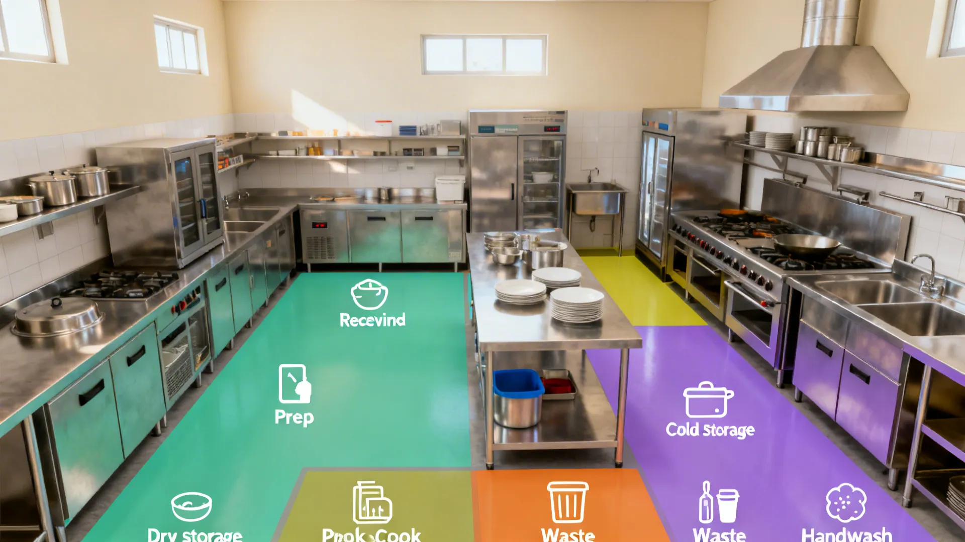 Wide overview of compact kitchen zones from receiving to dishwash and waste with clear separation.
