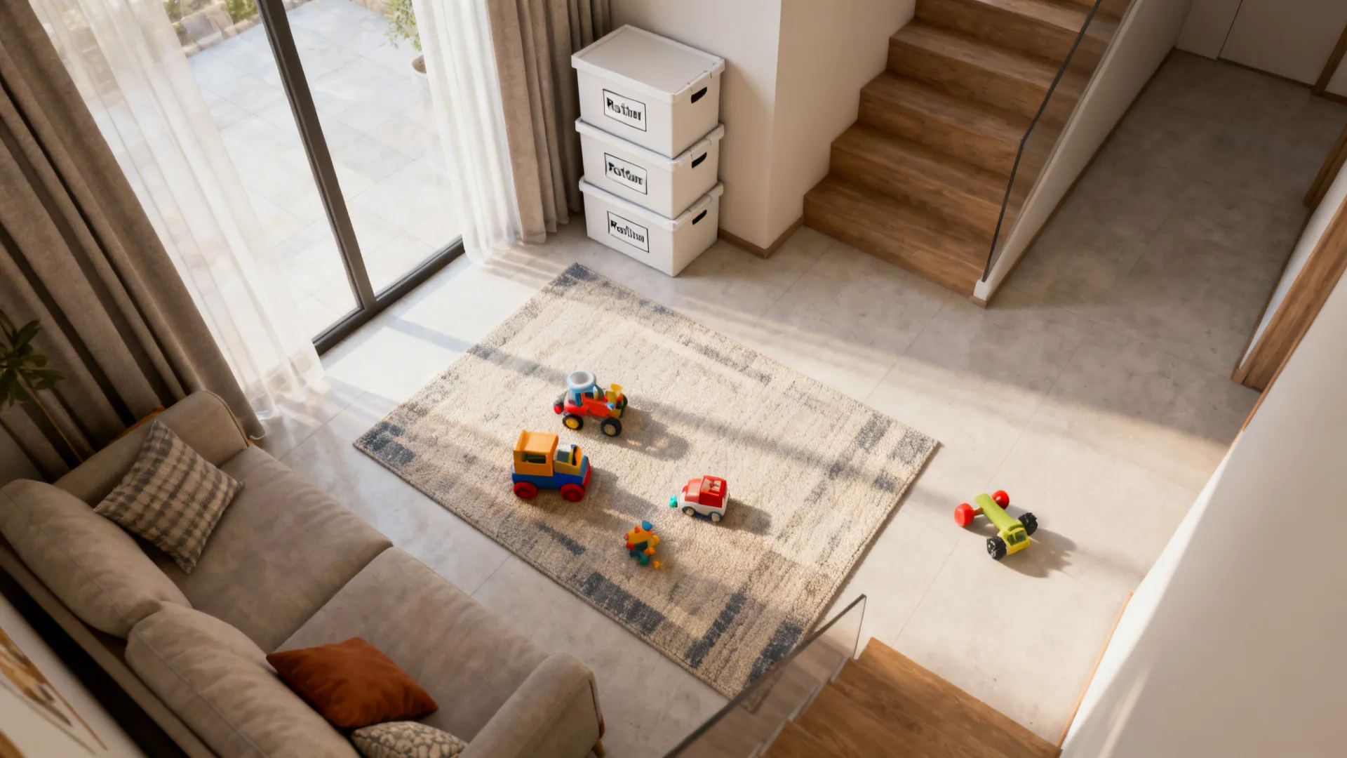 Top-down view of a play zone with a rug and labeled rotation boxes stored neatly in a corner.