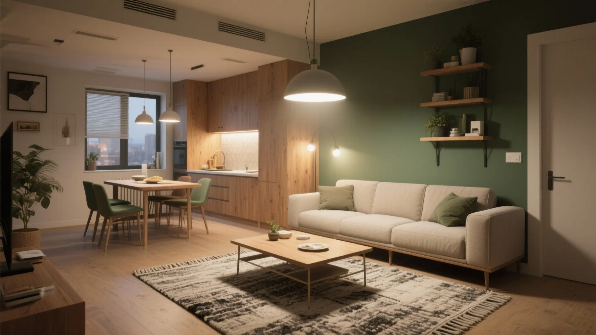 Modern open plan living room with beige sofa green wall wood kitchen and warm lighting