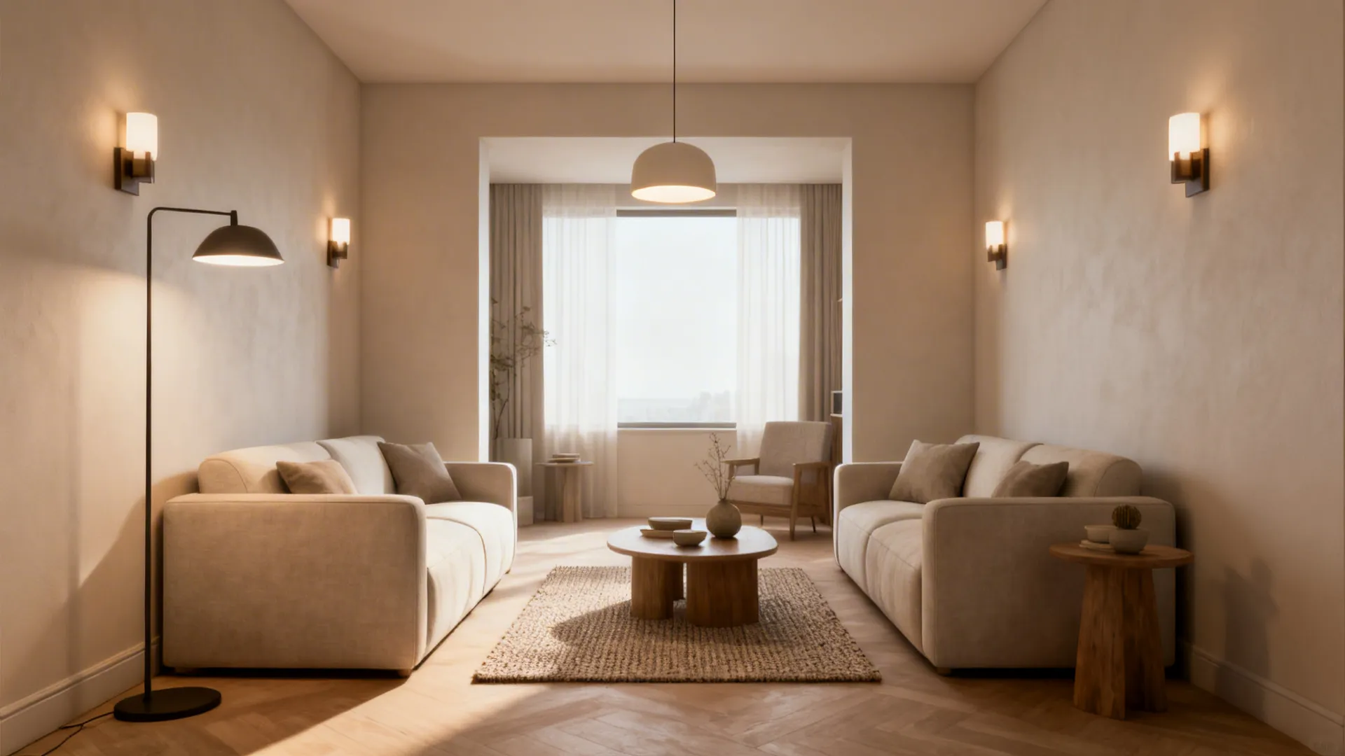 Compact living room with a small rug and layered lighting creating a defined seating zone without walls.