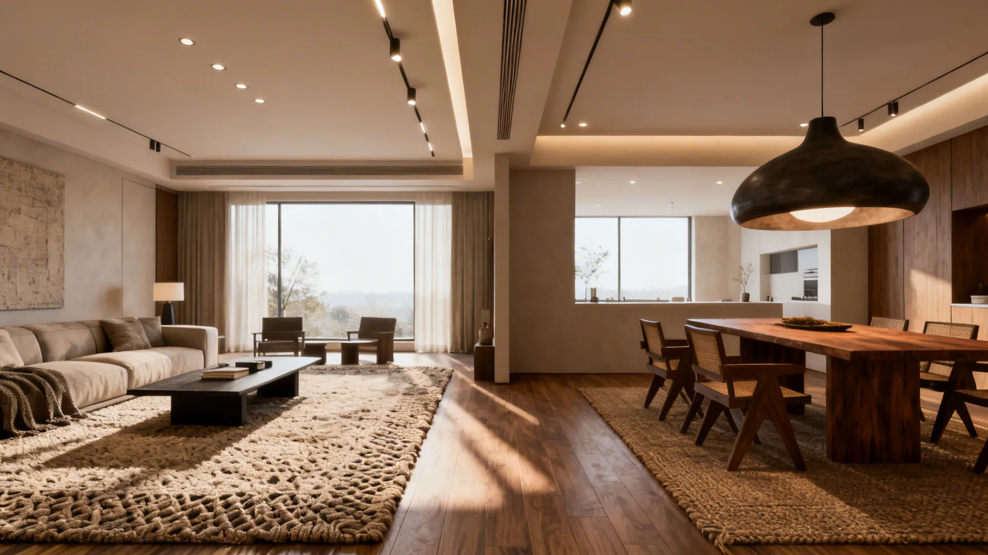 Living and dining zones defined by a large rug under the sofa and a pendant light over the dining table