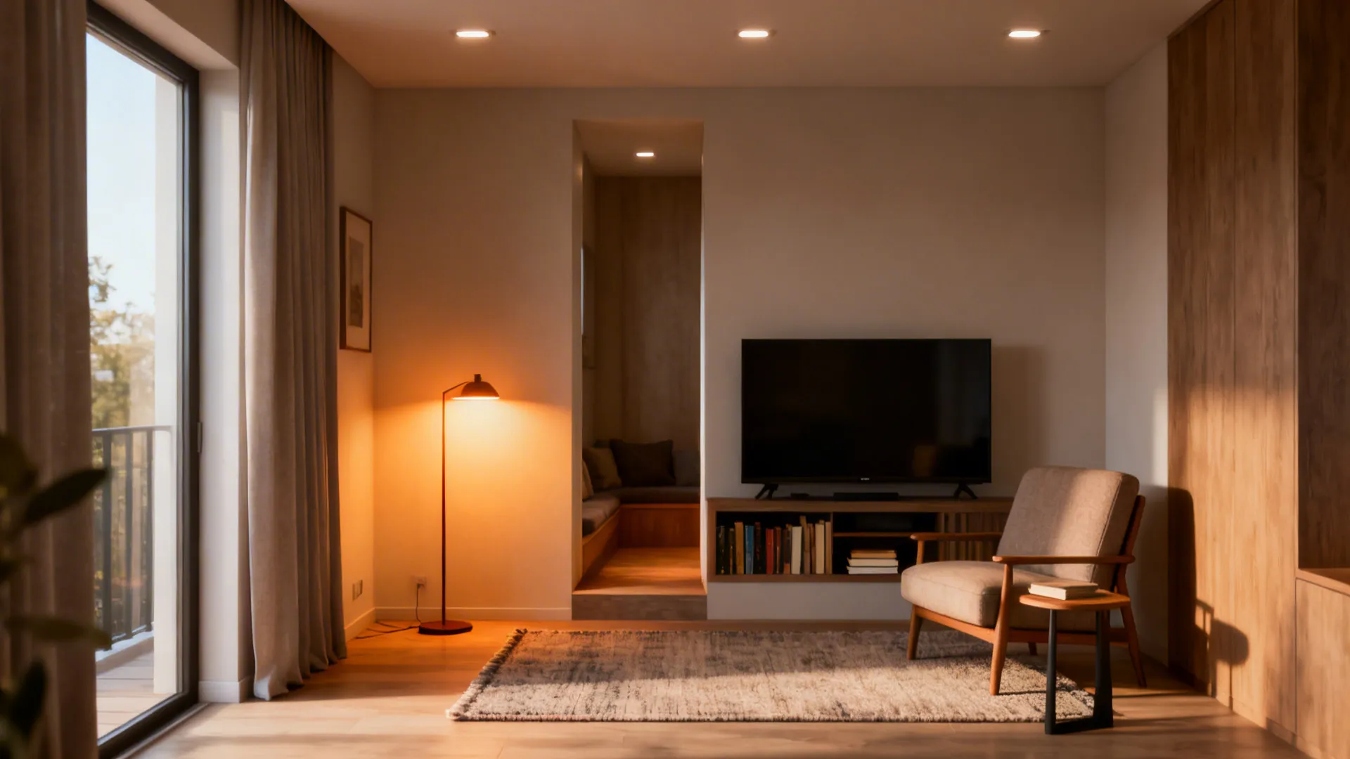 Small rug and floor lamp defining a cozy reading nook next to the TV area