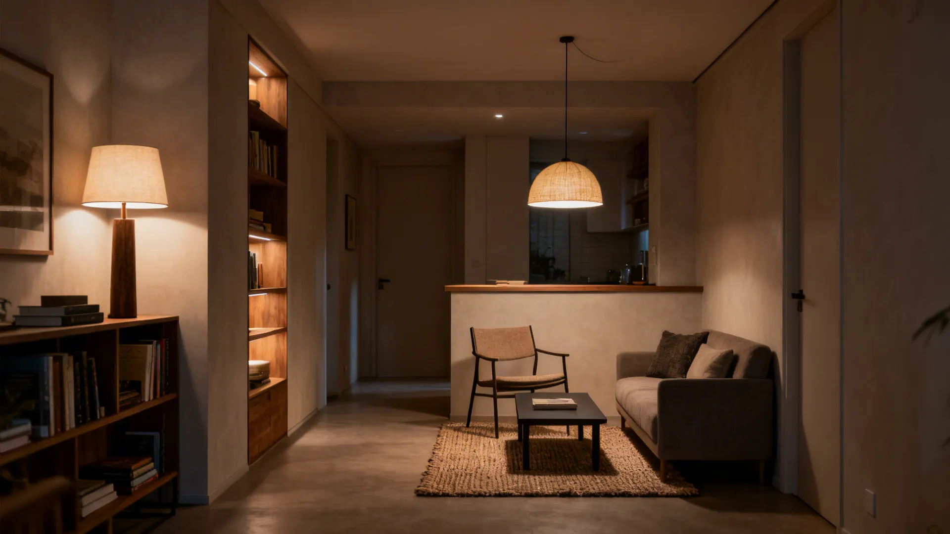 Small living room with rug-defined seating area and layered lighting creating zones