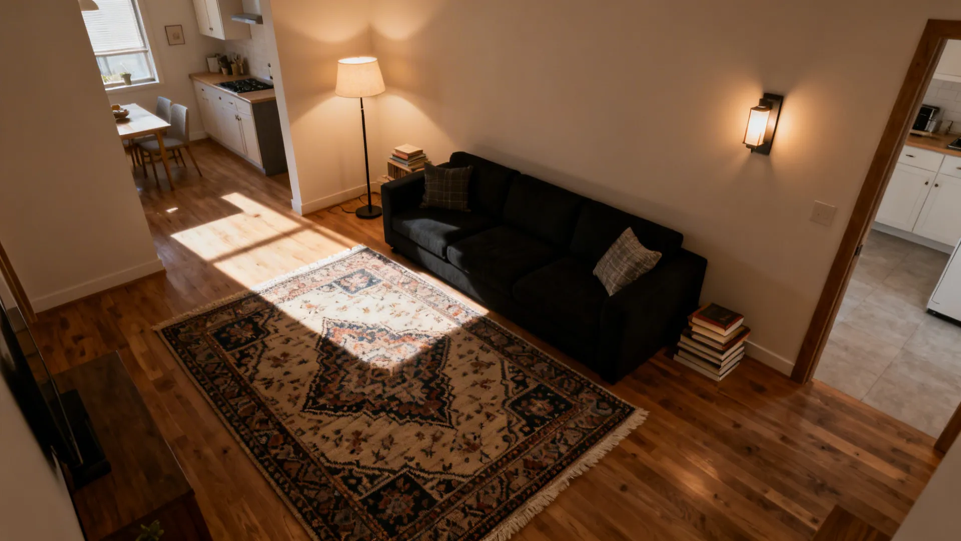 Open-plan living area with a patterned rug under a black sectional and layered lighting defining zones.