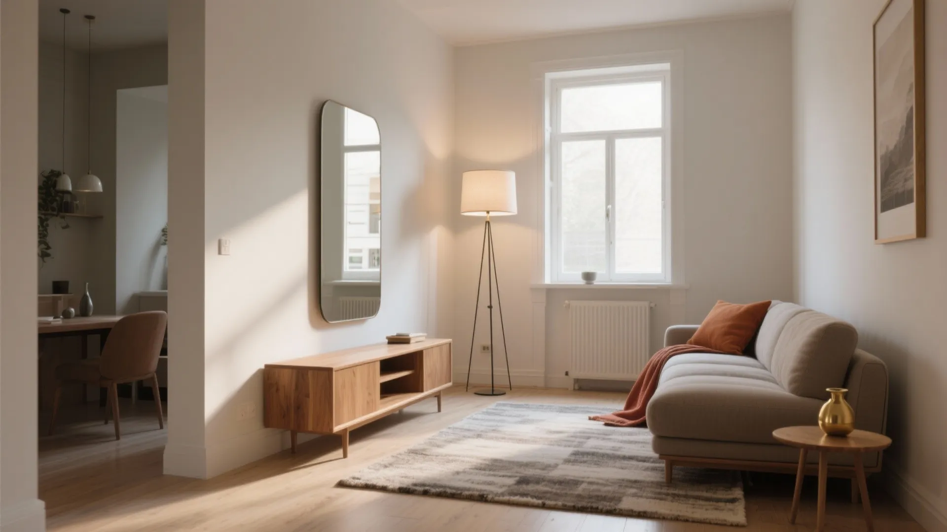 5. Defined zones with rugs, mirrors, and compact lighting