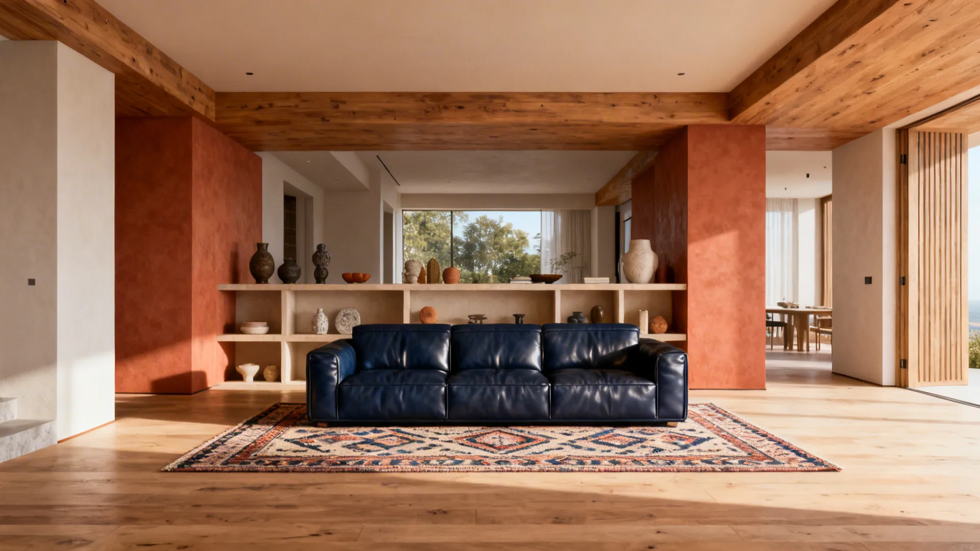 Compact living area with navy sofa on a rug and low open shelving behind to create a zone.